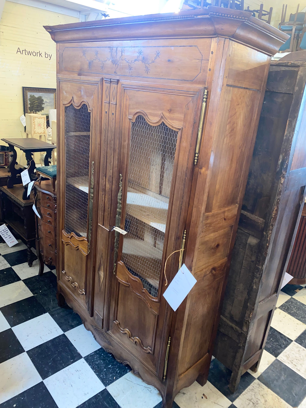 Inlaid French Wire Door Library Cabinet in Cherry C. 1880