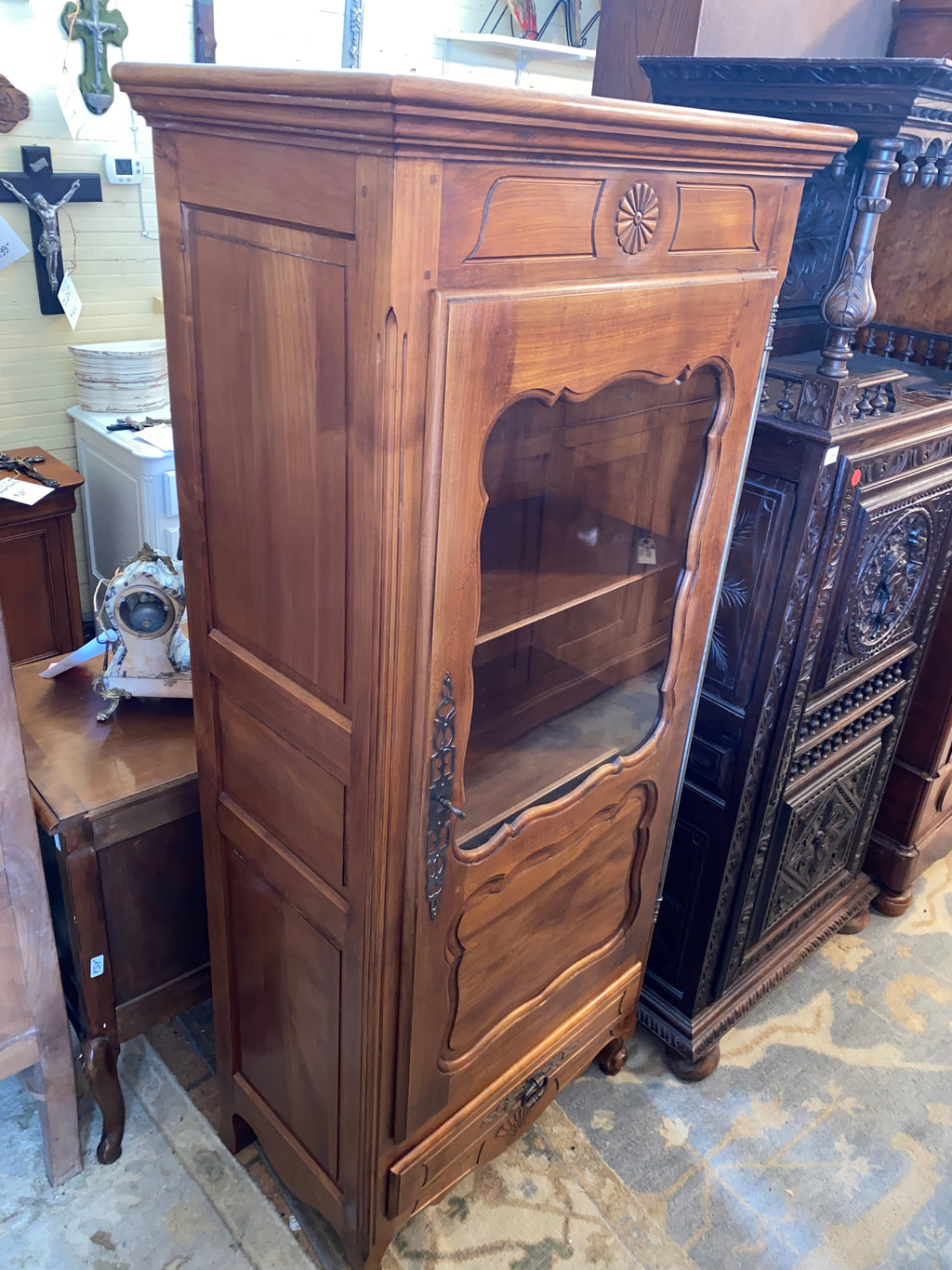 French Provincial Carved Cherry Vitrine Cabinet C. 1920s