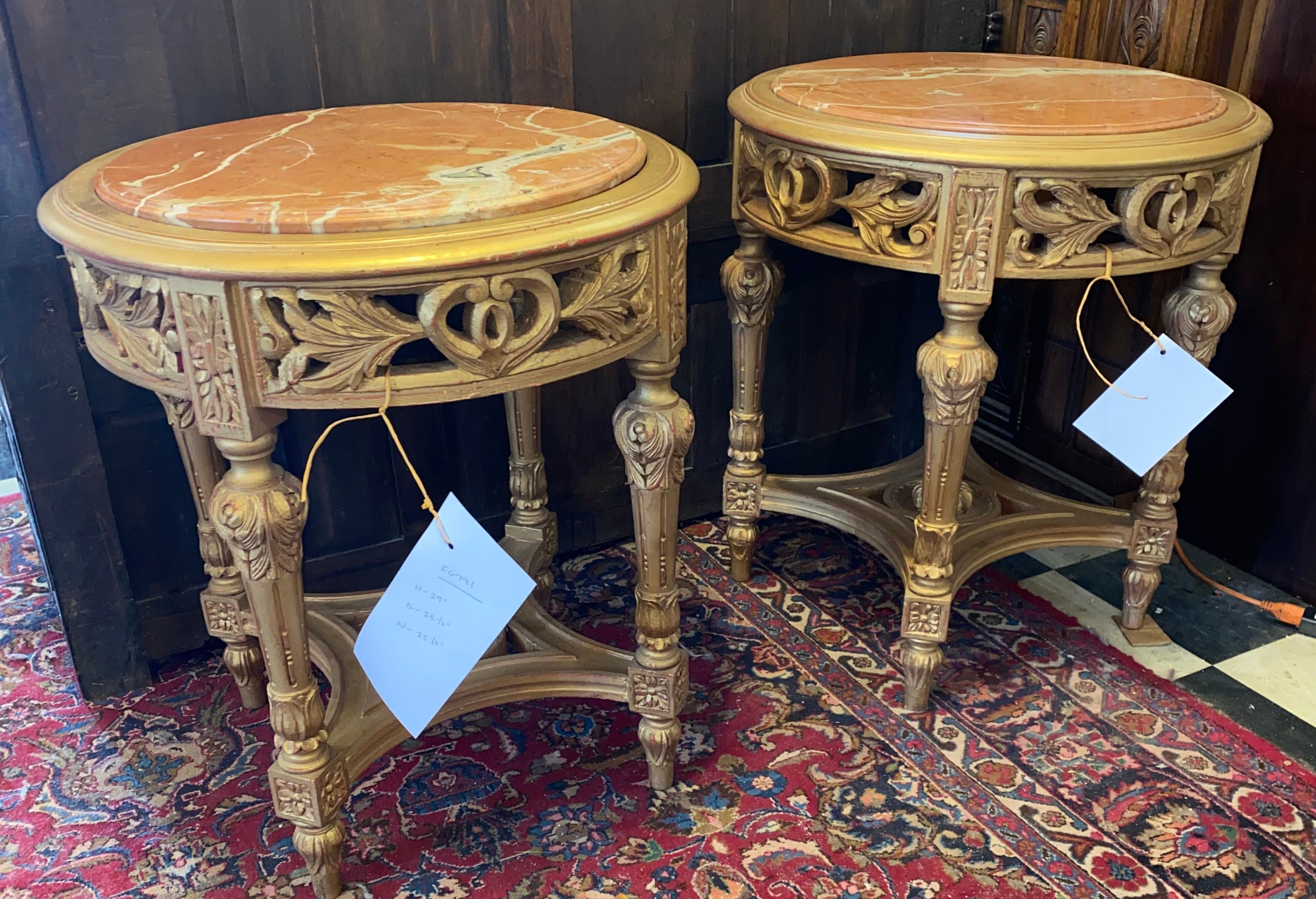 New Pair of Gilt Round Marble Topped End Tables
