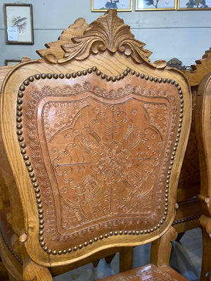 French Leather Dining Chairs in Oak C. 1940s