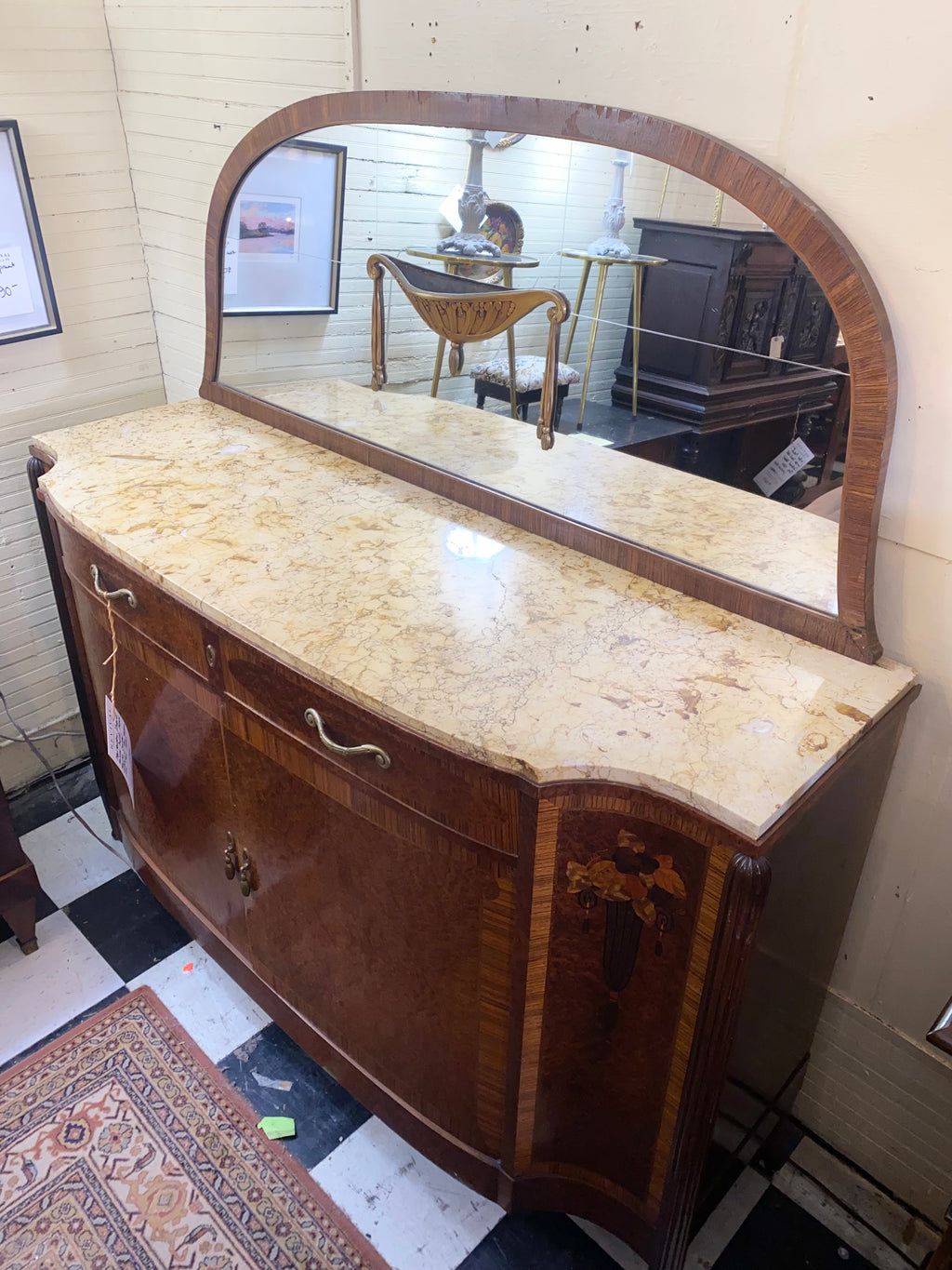 French Marble Topped Sideboard w/ Mirror Back C. 1930s