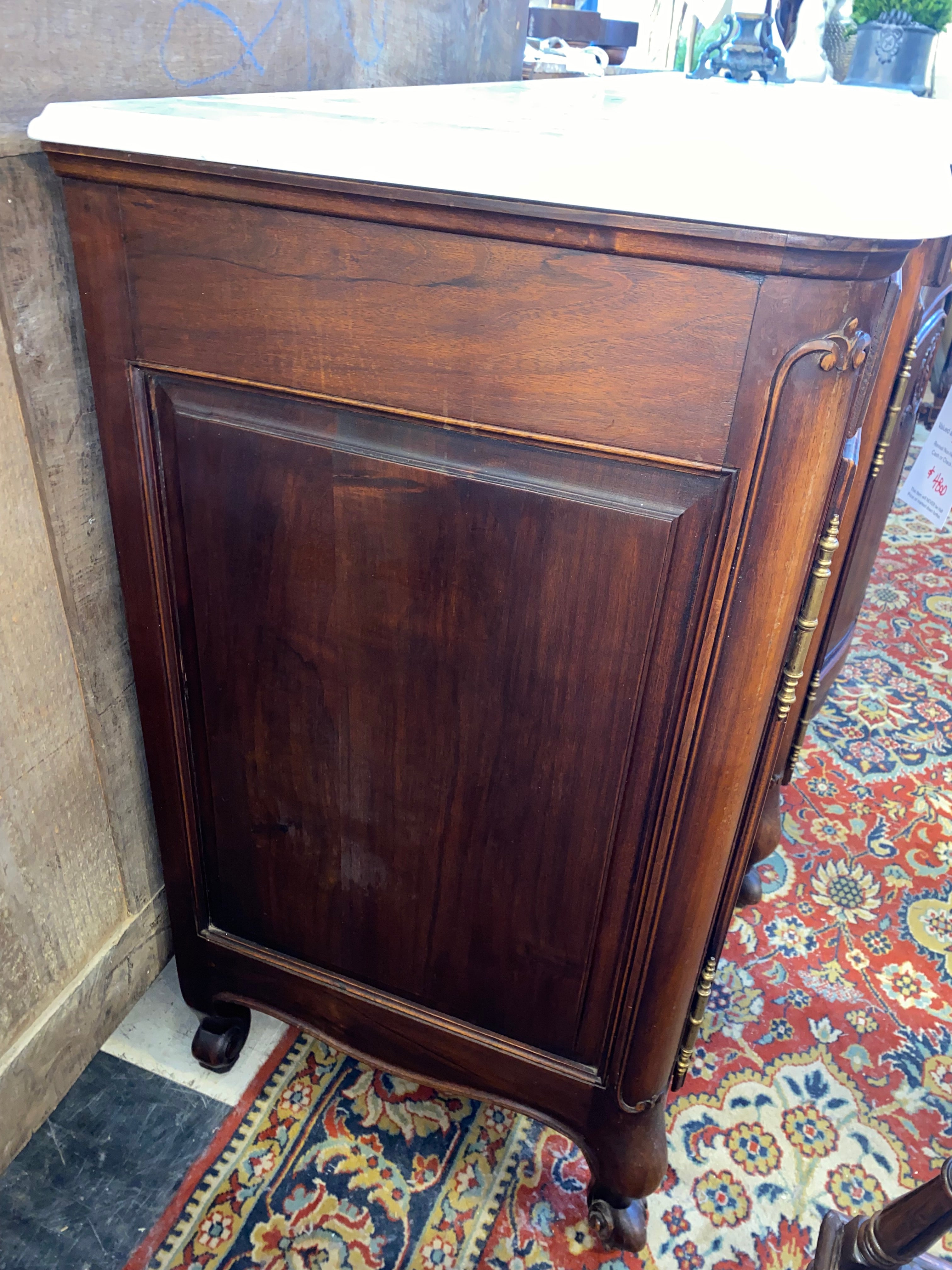 French Walnut Bow Front Marble Topped Sideboard C. 1930s