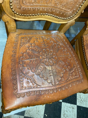 French Leather Dining Chairs in Oak C. 1940s