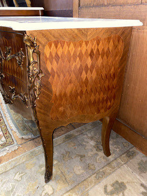 French Inlaid Ormolu Trimmed Marble Top Bombe Chest C. 1920