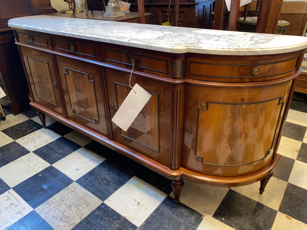 Flame Mahogany French Marble Topped Sideboard C. 1940s