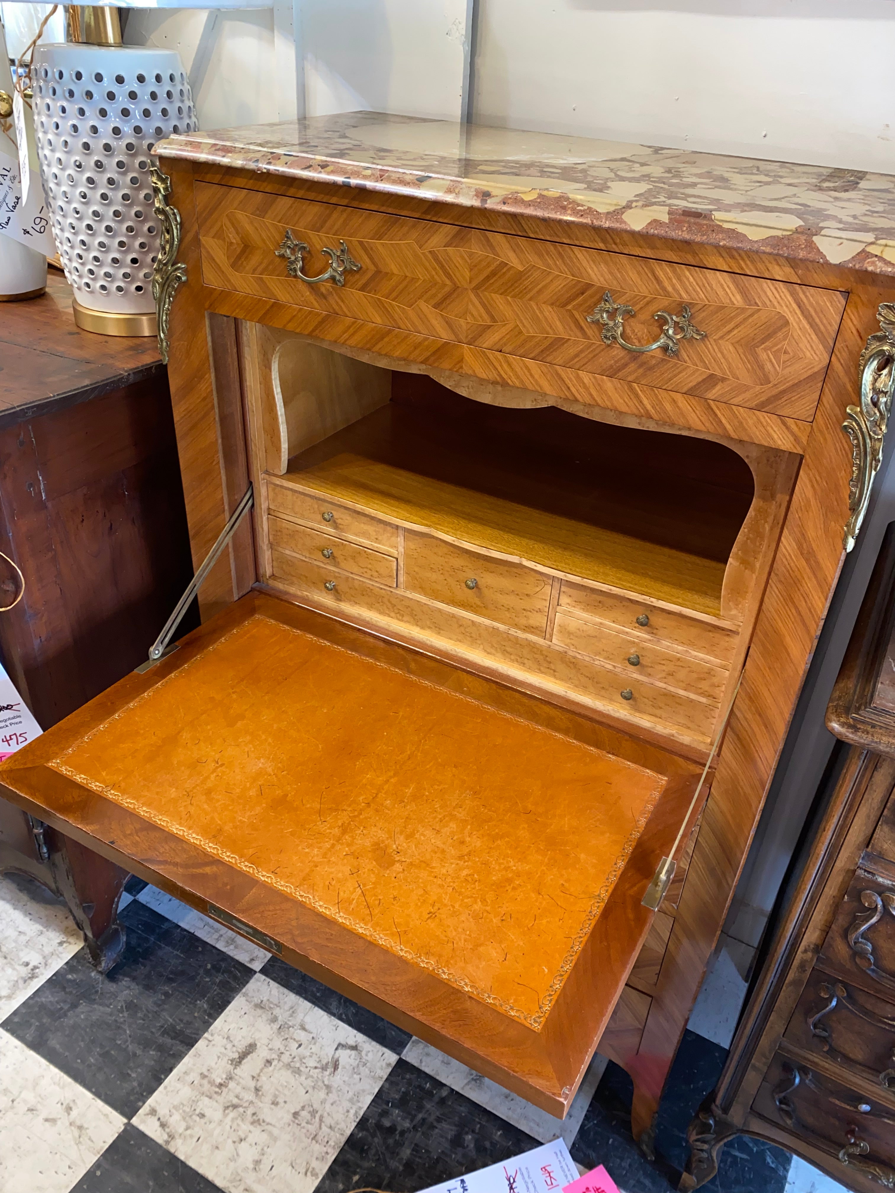 Parquetry Inlaid Cherry Secretary Desk Marble Topped C. 1940s