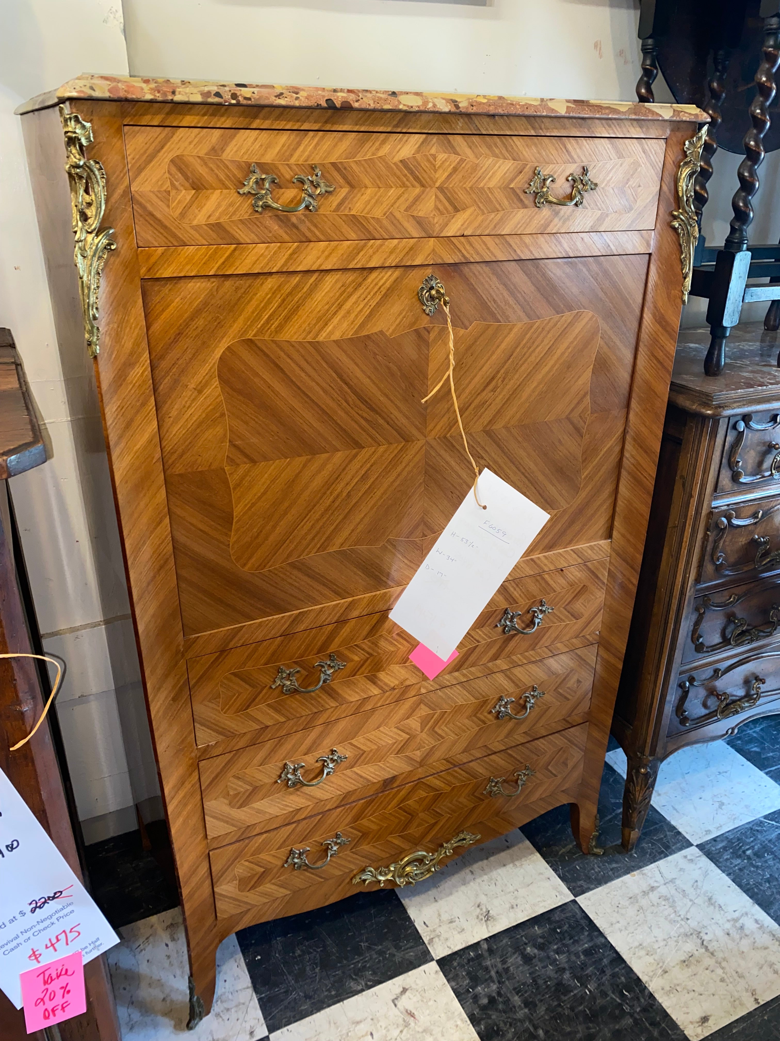 Parquetry Inlaid Cherry Secretary Desk Marble Topped C. 1940s