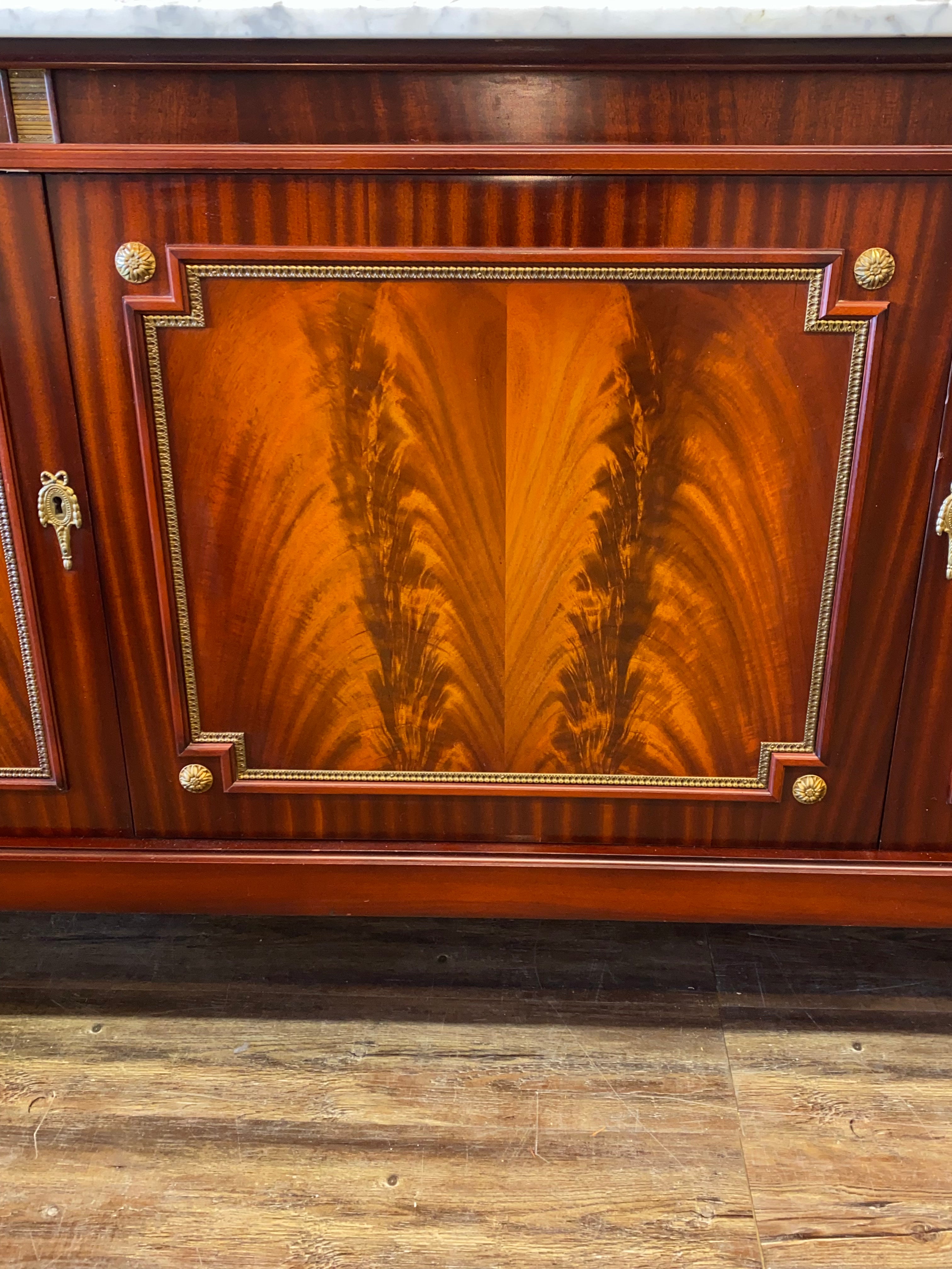 Flame Mahogany Marble Topped Sideboard C. 1930