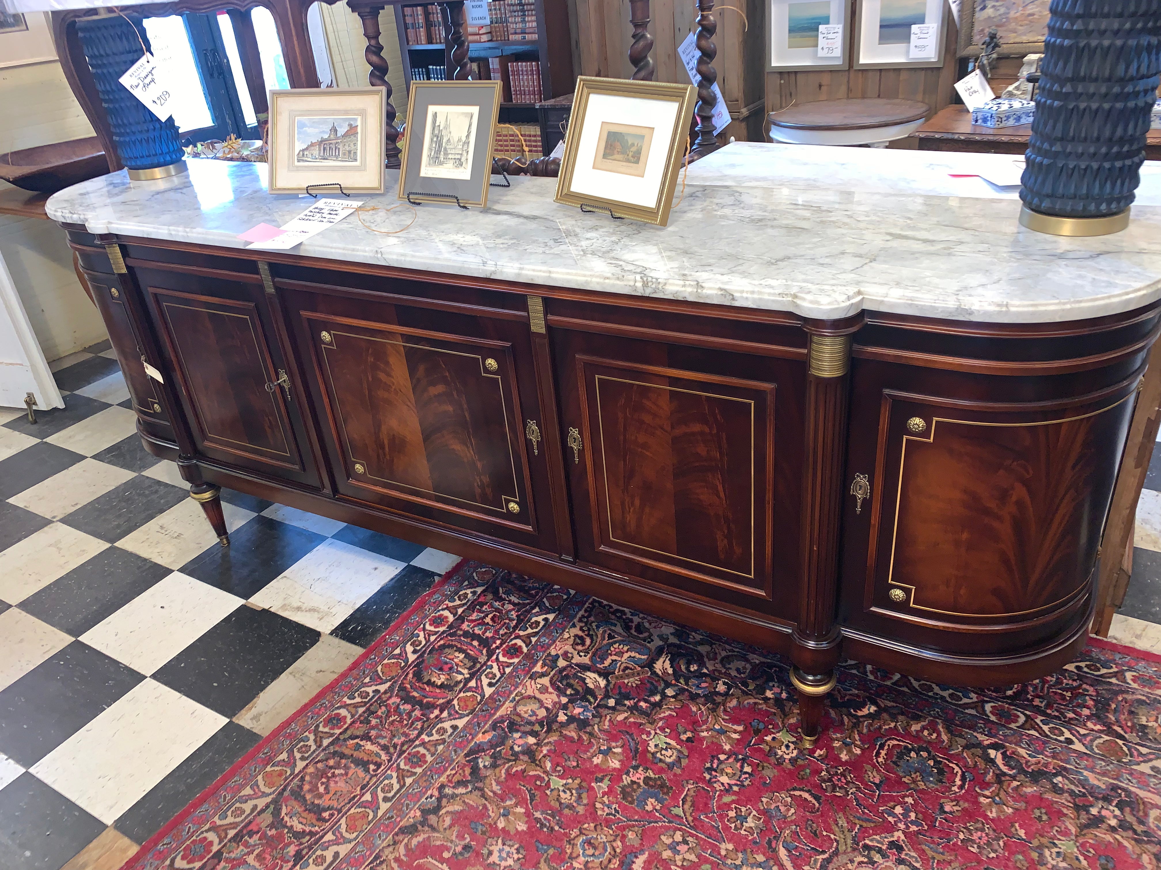 Antique Flame Mahogany Marble Top Demi Lune Sideboard  c.1940s