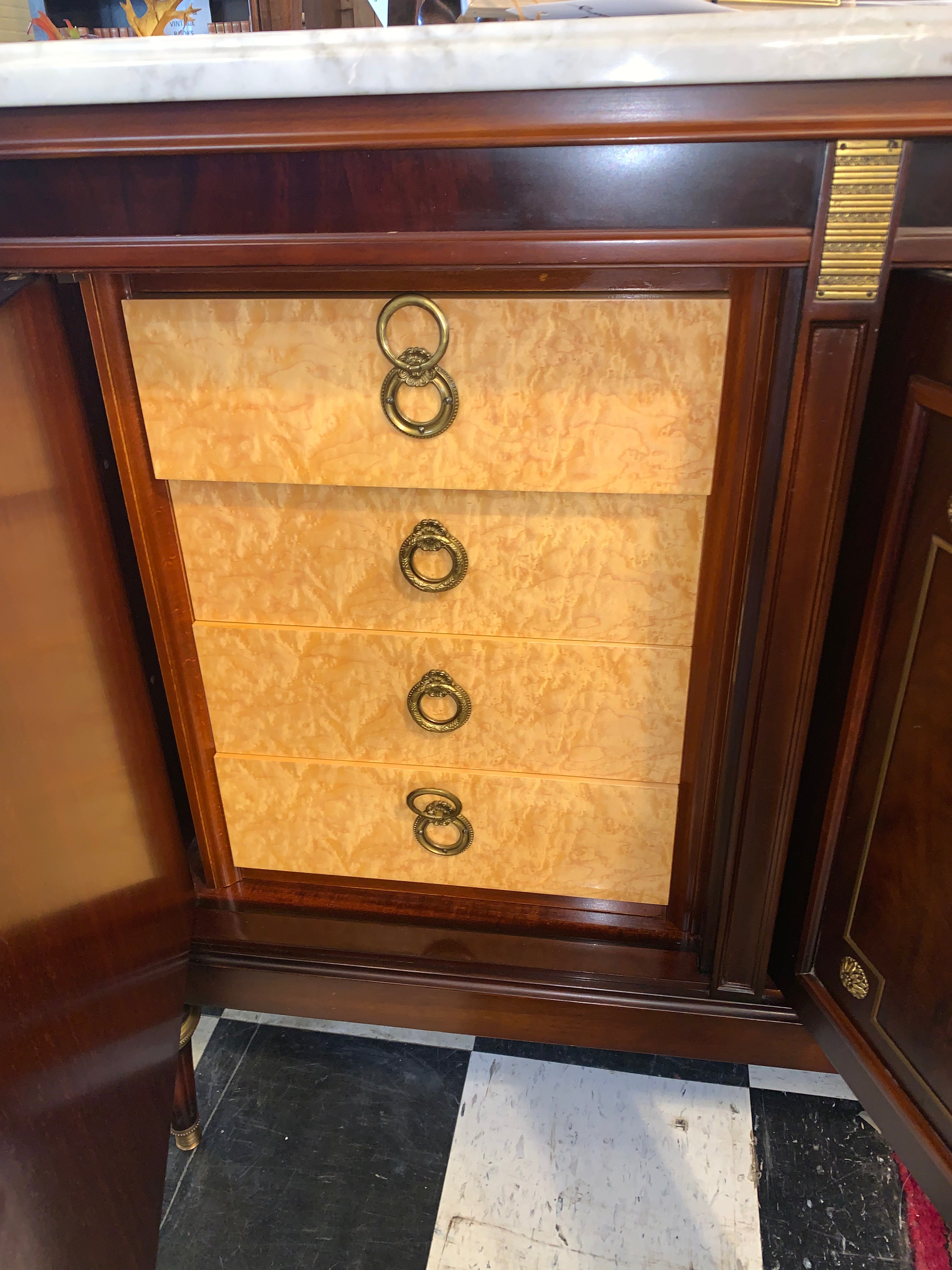 Antique Flame Mahogany Marble Top Demi Lune Sideboard  c.1940s