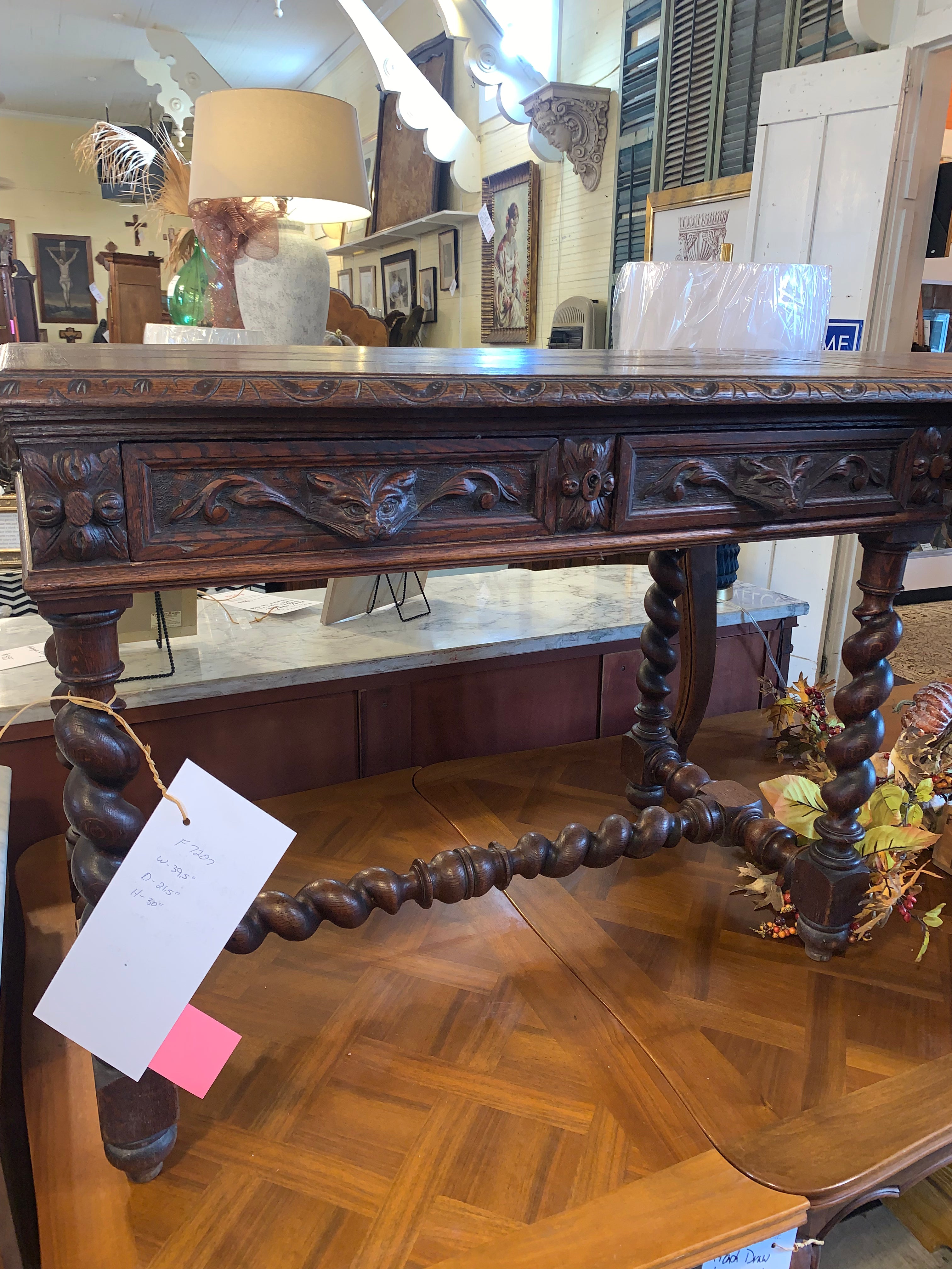 Hard To Find Renaissance Carved Dark Oak Petite Writing Desk  c.1900