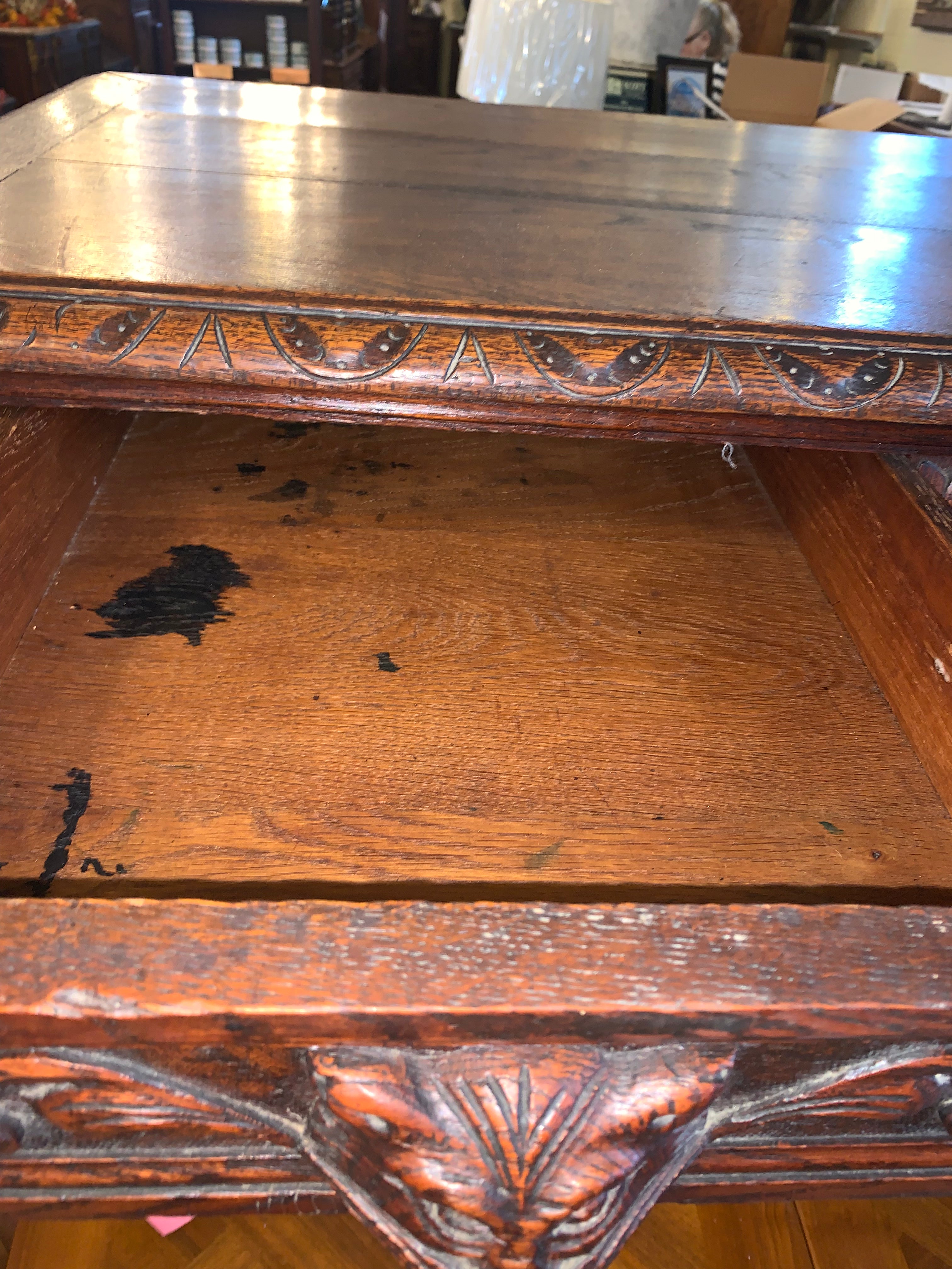 Hard To Find Renaissance Carved Dark Oak Petite Writing Desk  c.1900