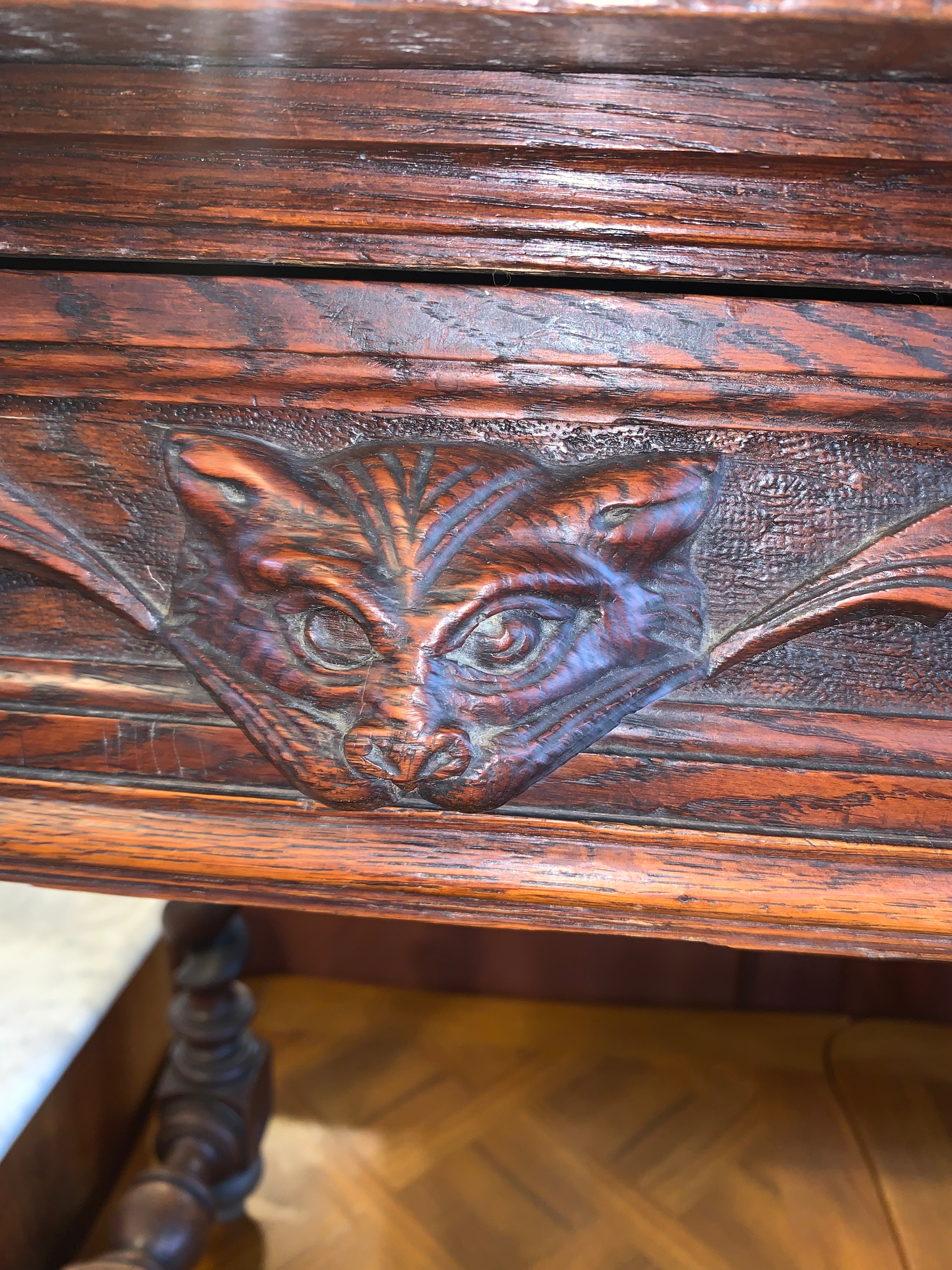 Hard To Find Renaissance Carved Dark Oak Petite Writing Desk  c.1900