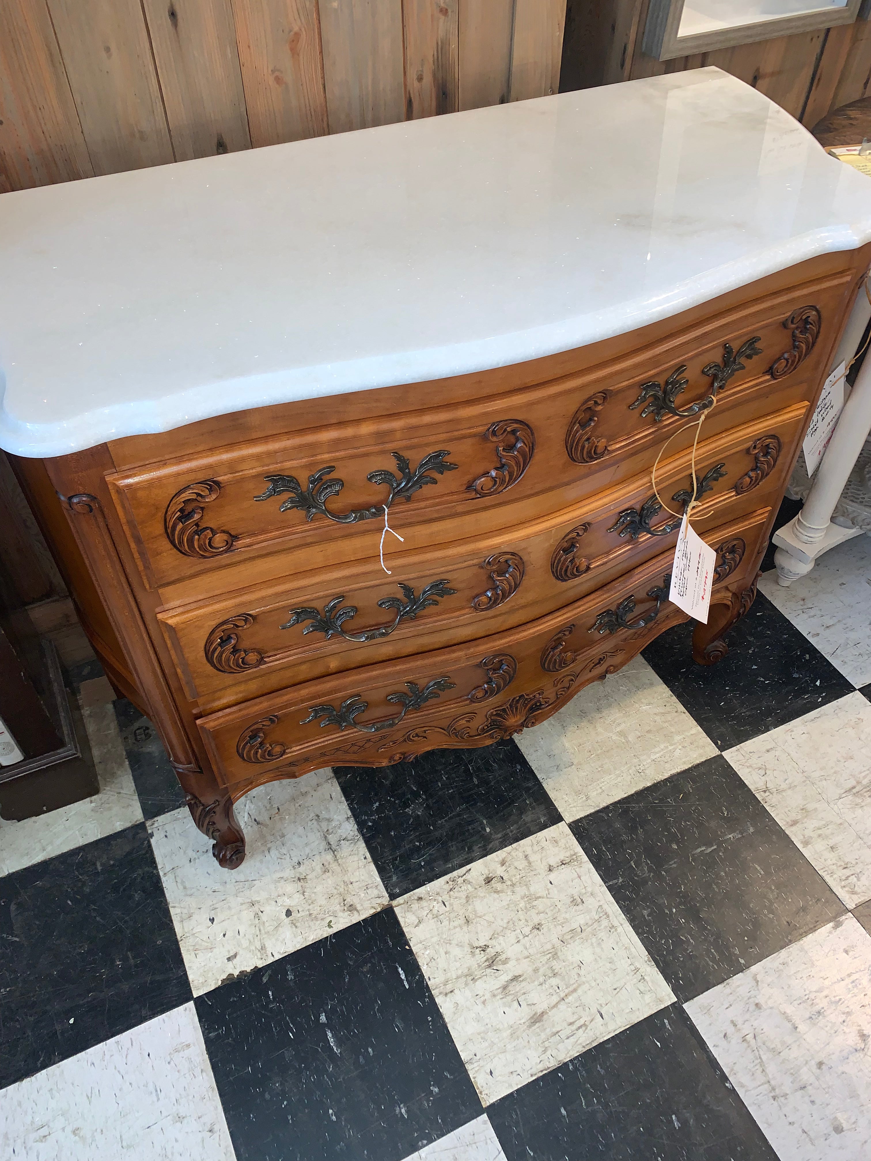 Vintage French Fruitwood Marble Top Chest  c.1940s