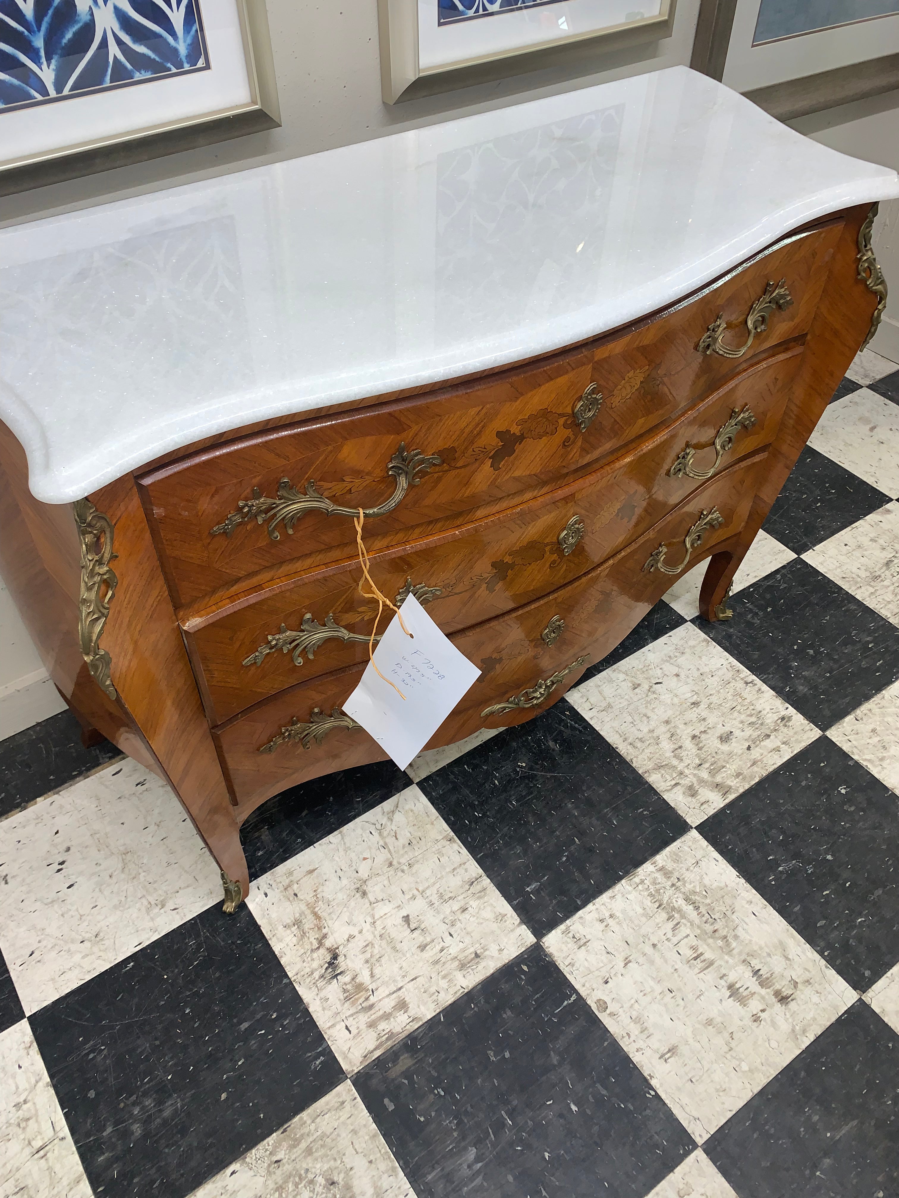 French Marquetry Inlaid Marble Top Bow Front Chest  c.1920s