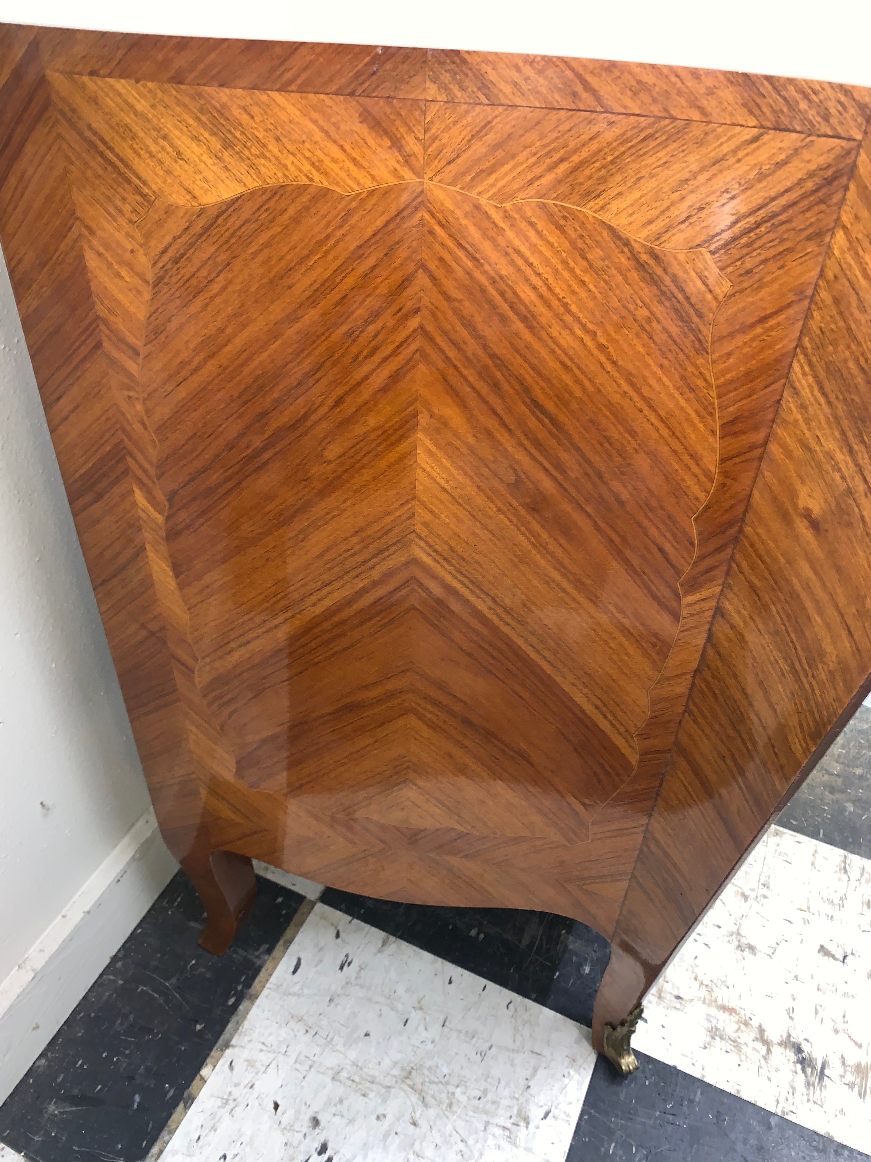 French Marquetry Inlaid Marble Top Bow Front Chest  c.1920s