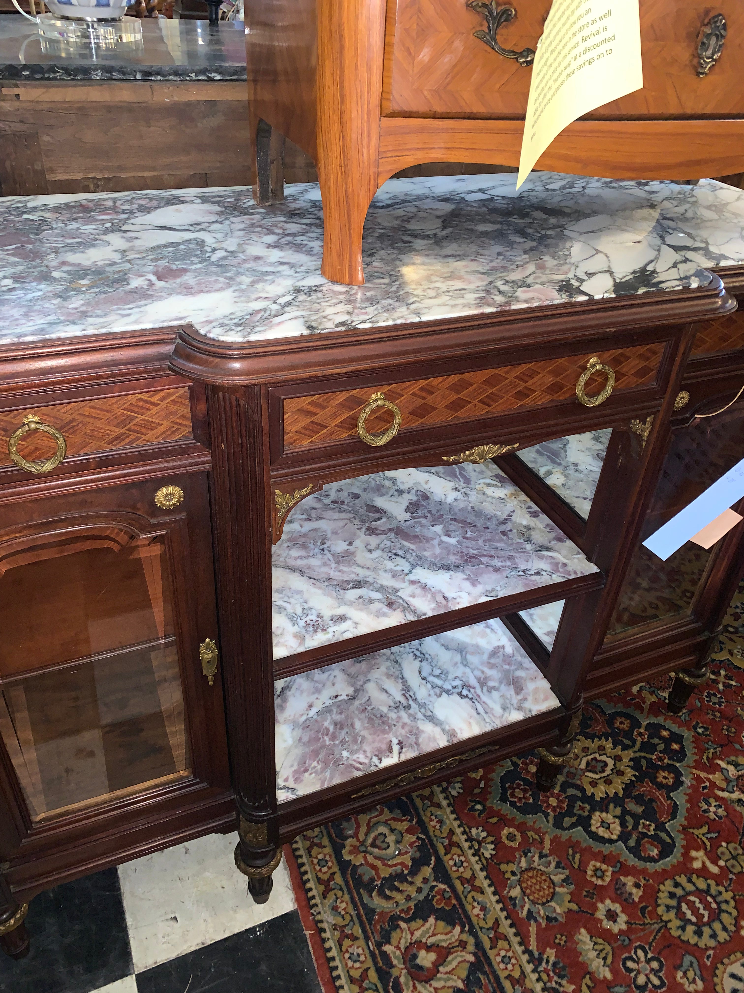 Louis XVI Marble Top French Sideboard w/ marble shelves Great Size  c.1920