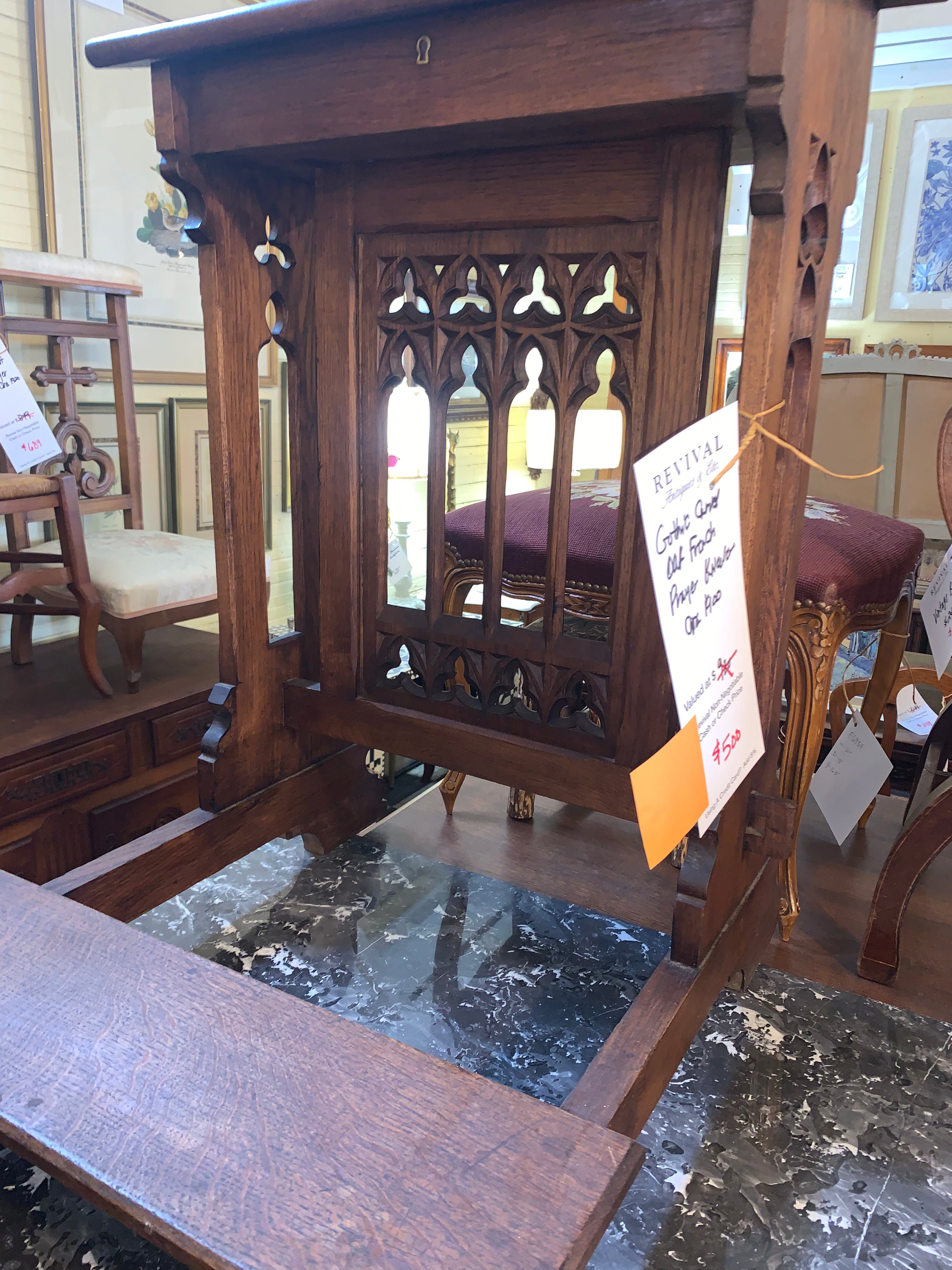 Gothic Carved Oak French Prayer Kneeler  c.1900