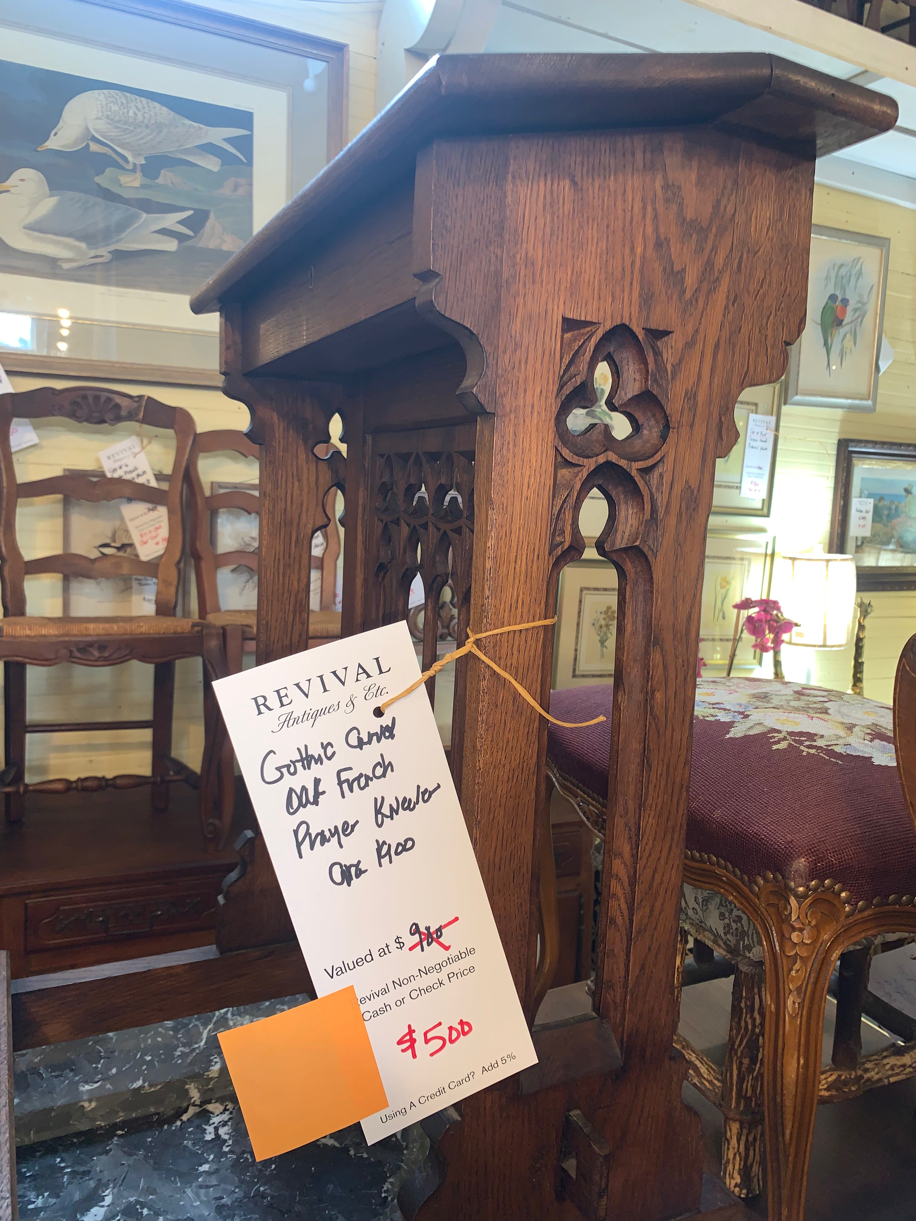 Gothic Carved Oak French Prayer Kneeler  c.1900