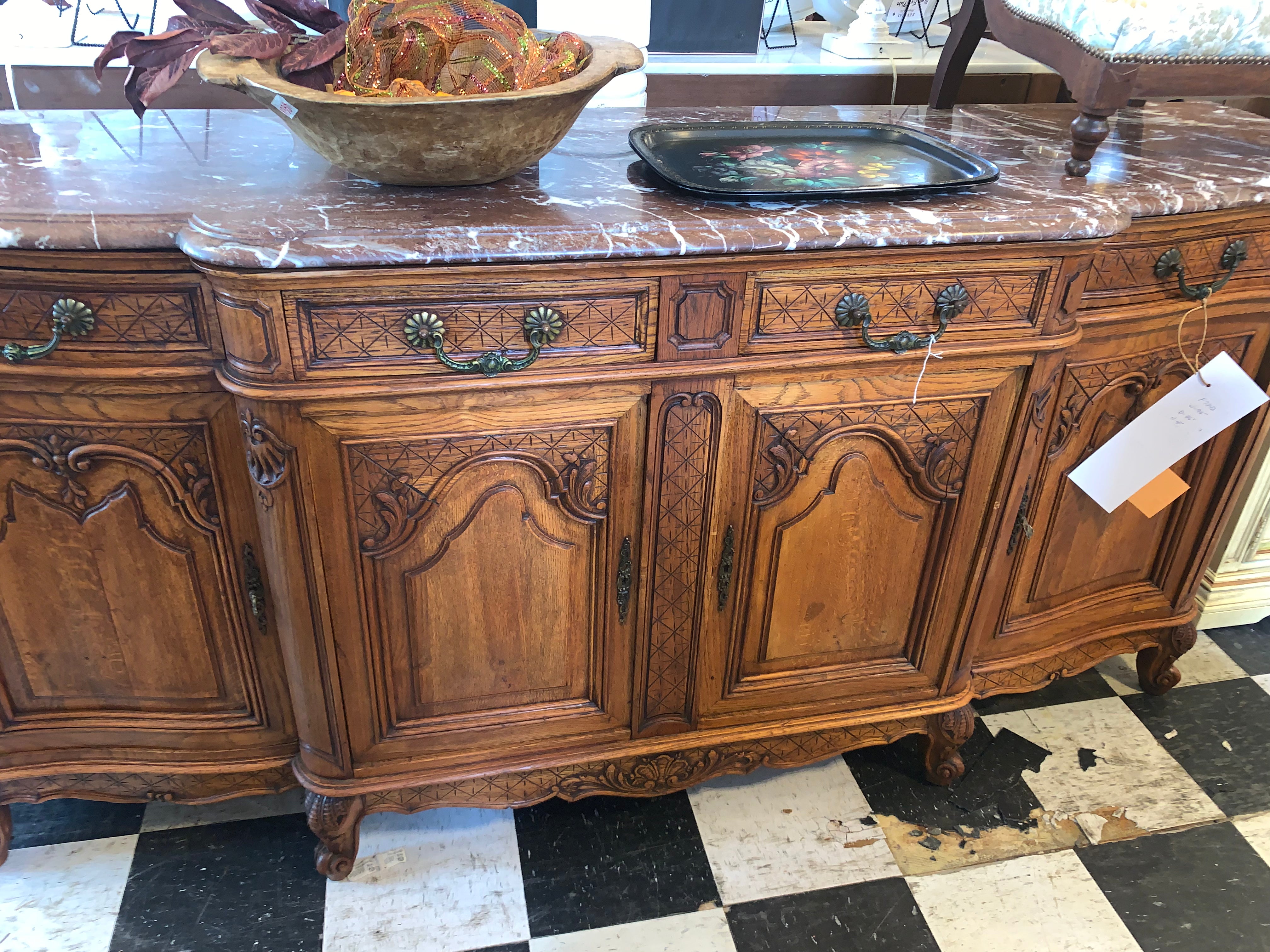 Louis XV Carved Oak French Marble Top Sideboard  c.1920s