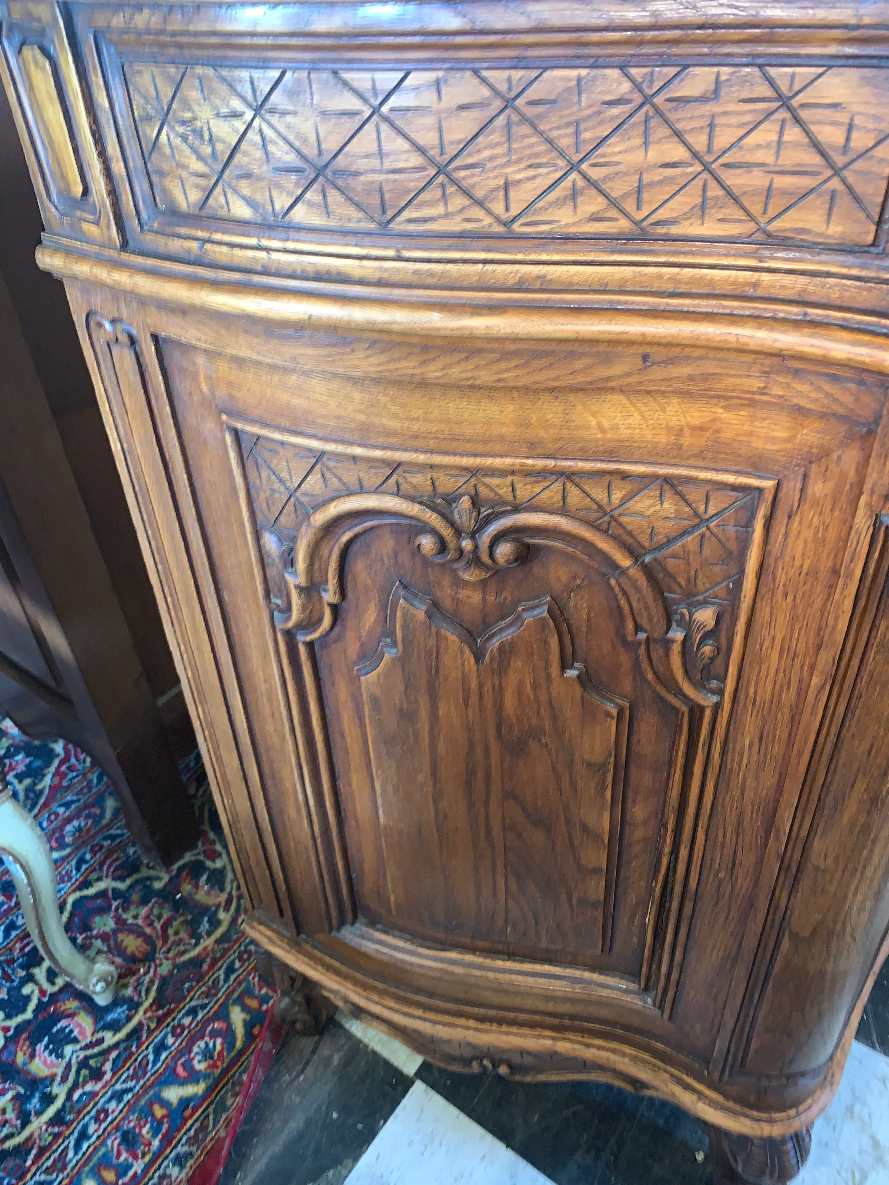 Louis XV Carved Oak French Marble Top Sideboard  c.1920s