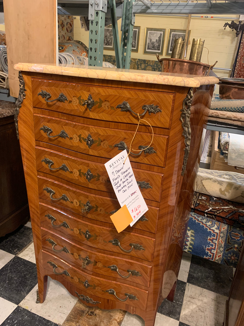7 Drawer French Semanier Chest or Lingerie Chest Marble Top Marquetry Inlaid  c.1920s
