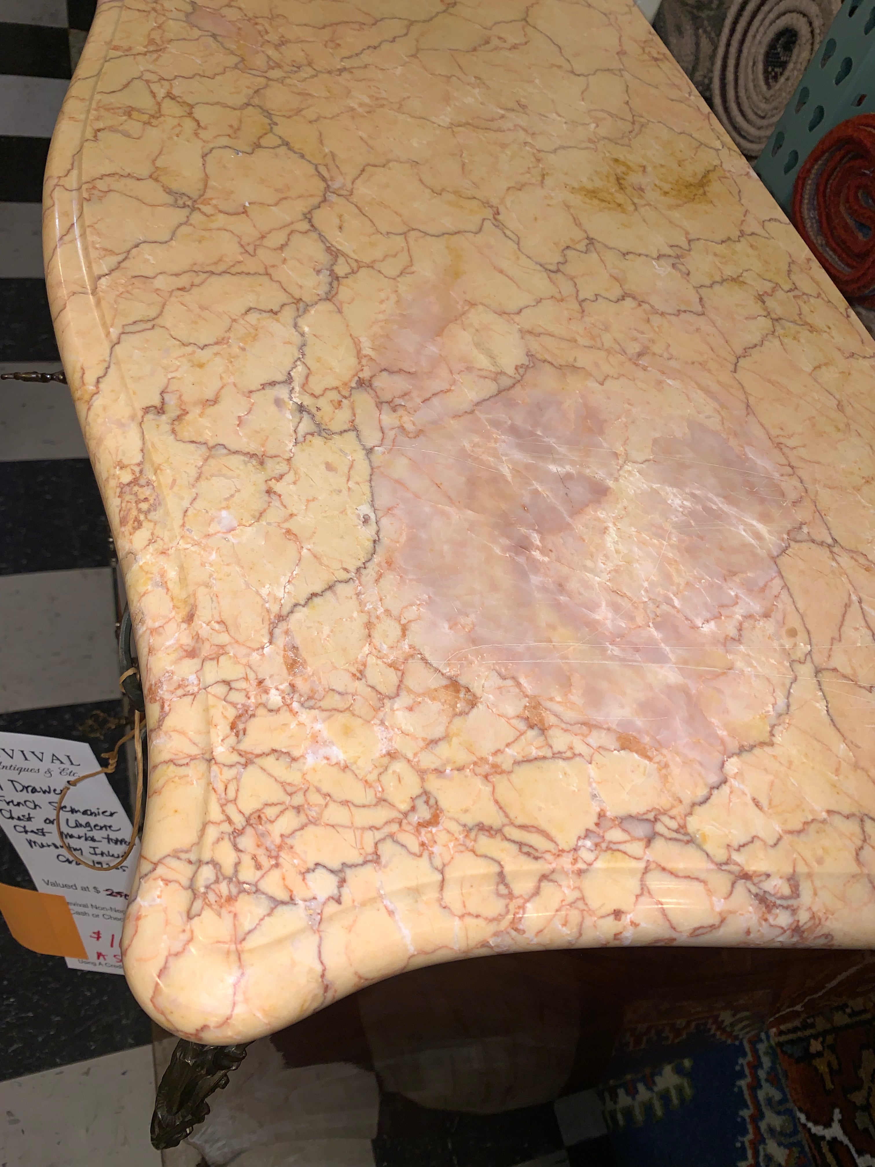 7 Drawer French Semanier Chest or Lingerie Chest Marble Top Marquetry Inlaid  c.1920s