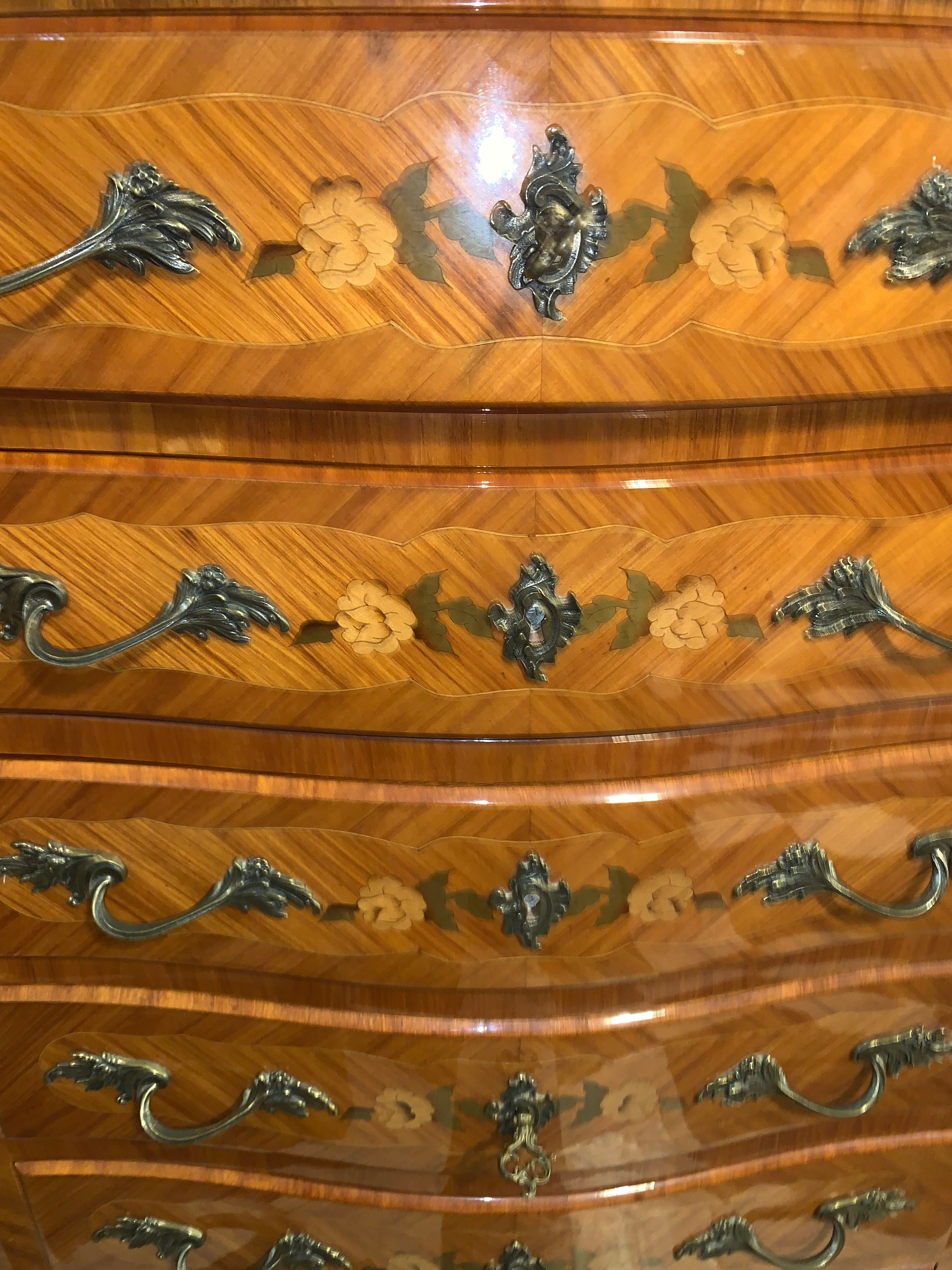 7 Drawer French Semanier Chest or Lingerie Chest Marble Top Marquetry Inlaid  c.1920s