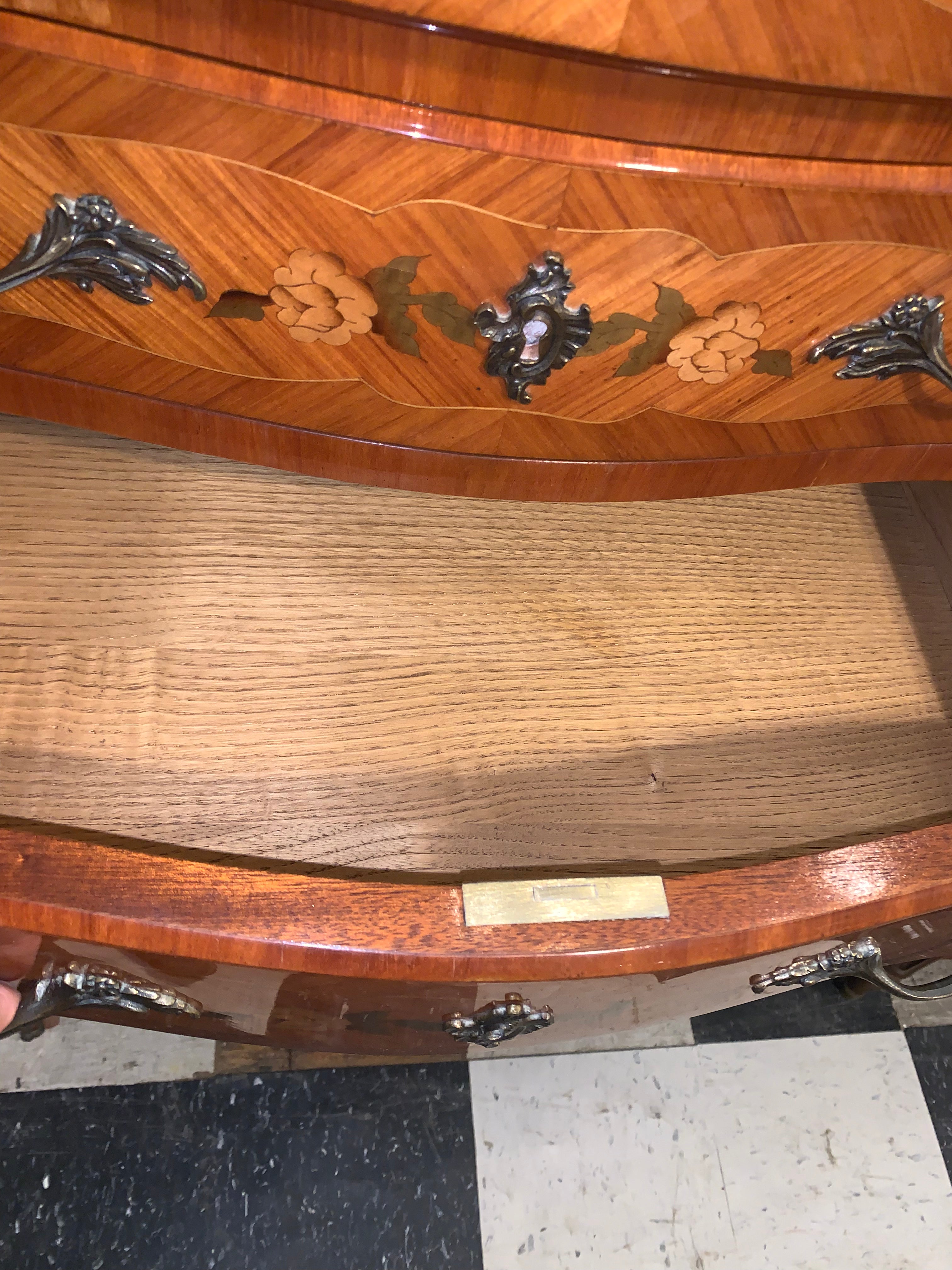 7 Drawer French Semanier Chest or Lingerie Chest Marble Top Marquetry Inlaid  c.1920s