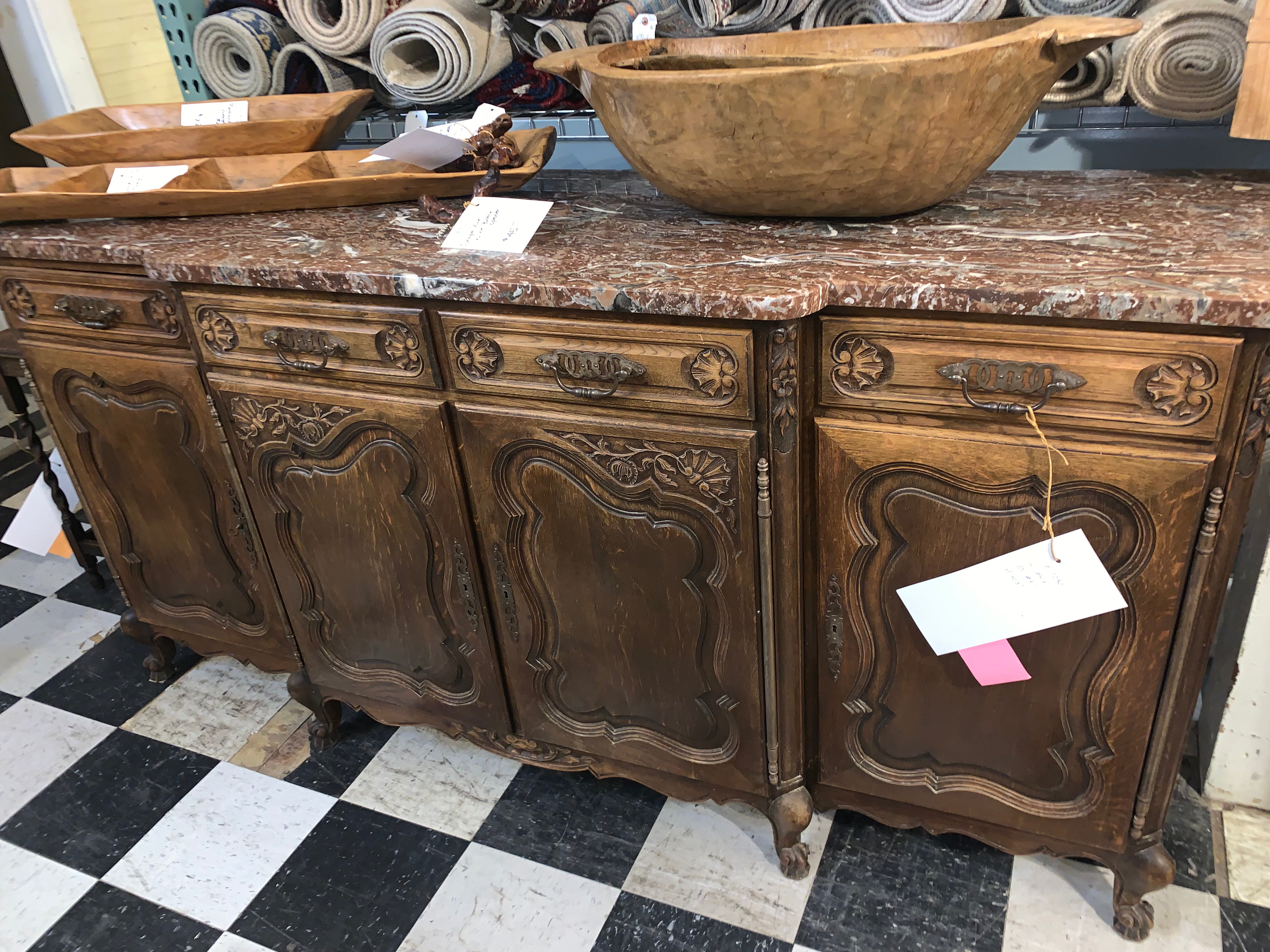 Louis XV Carved Dark Oak Marble Top Sideboard  c.1920  EXOTIC MARBLE TOP