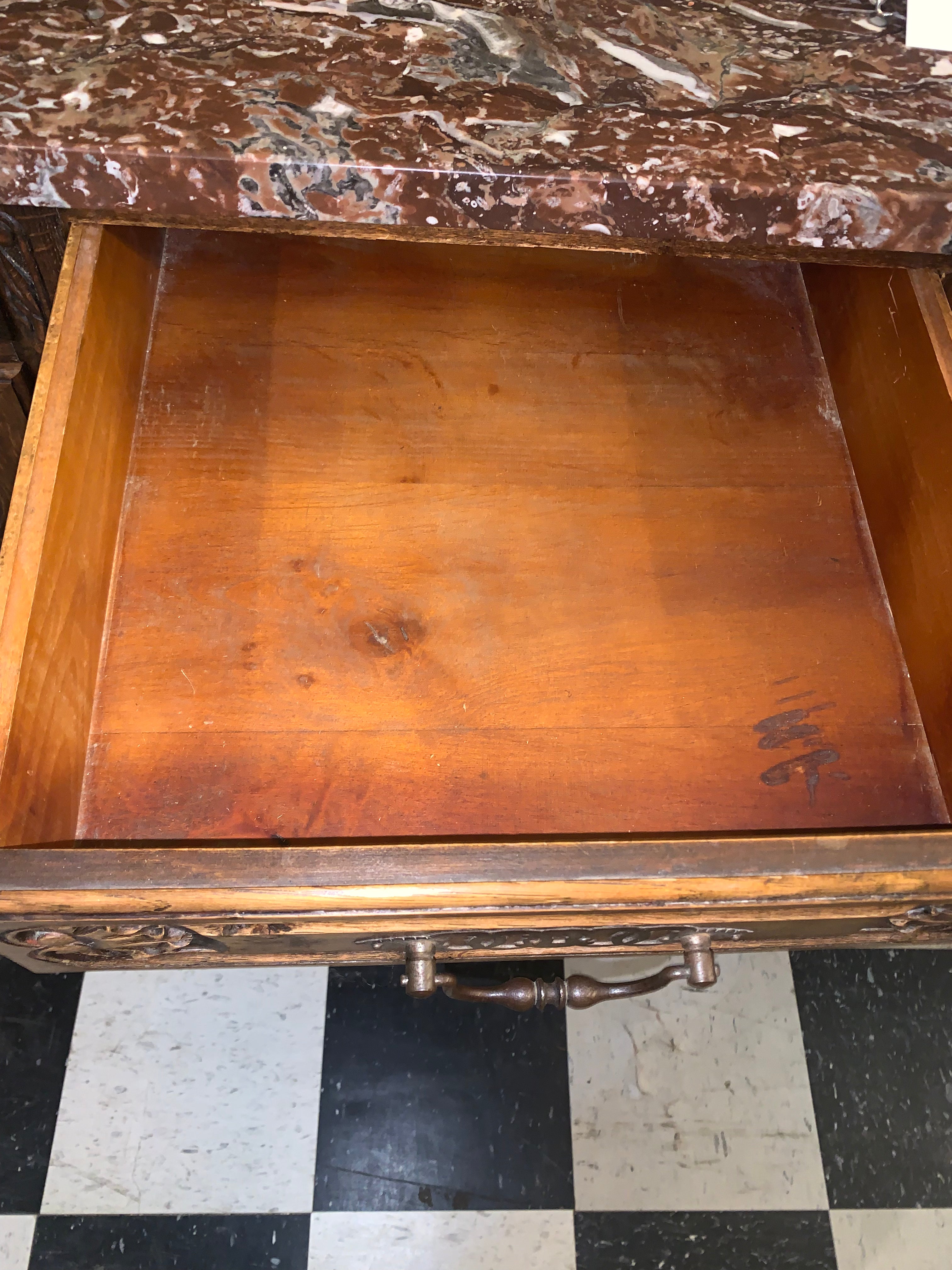 Louis XV Carved Dark Oak Marble Top Sideboard  c.1920  EXOTIC MARBLE TOP