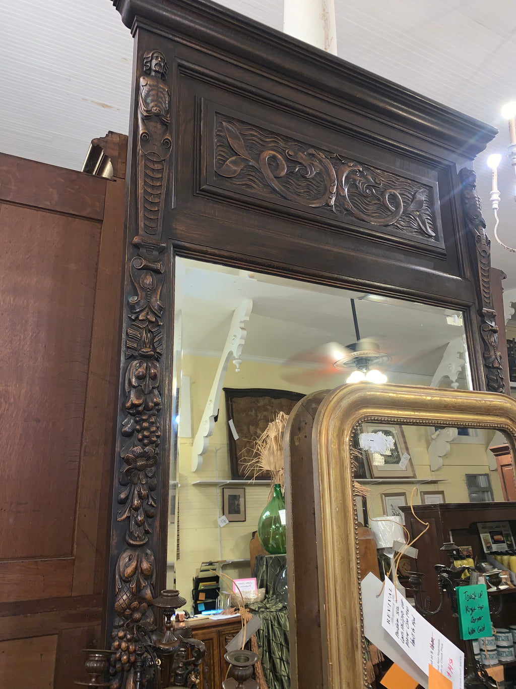 Nautical Themed Antique Neo Classical Carved Oak Mirror  c.1890