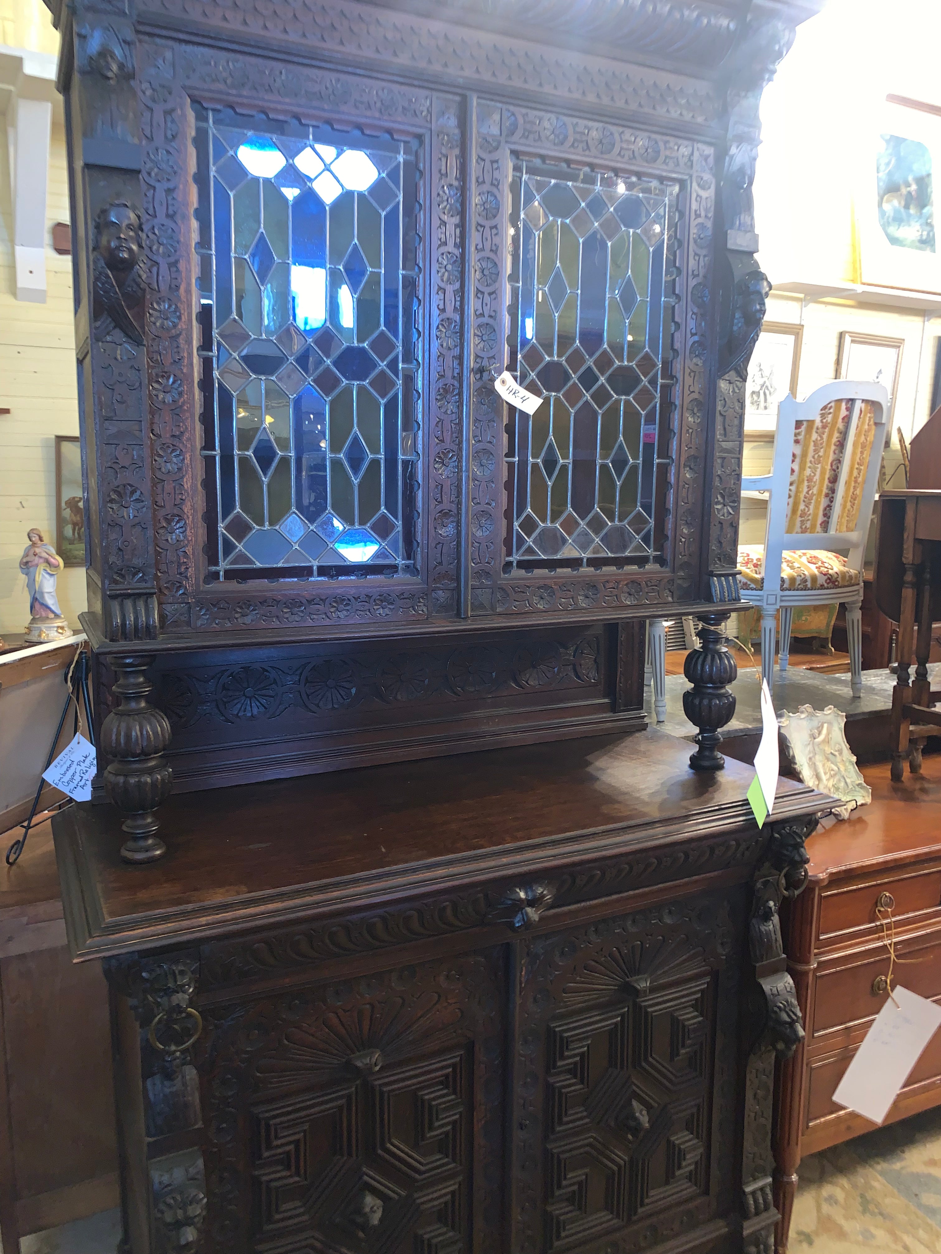 French Renaissance Dark Oak Gothic Stained Glass Door Double Buffet  c.1900