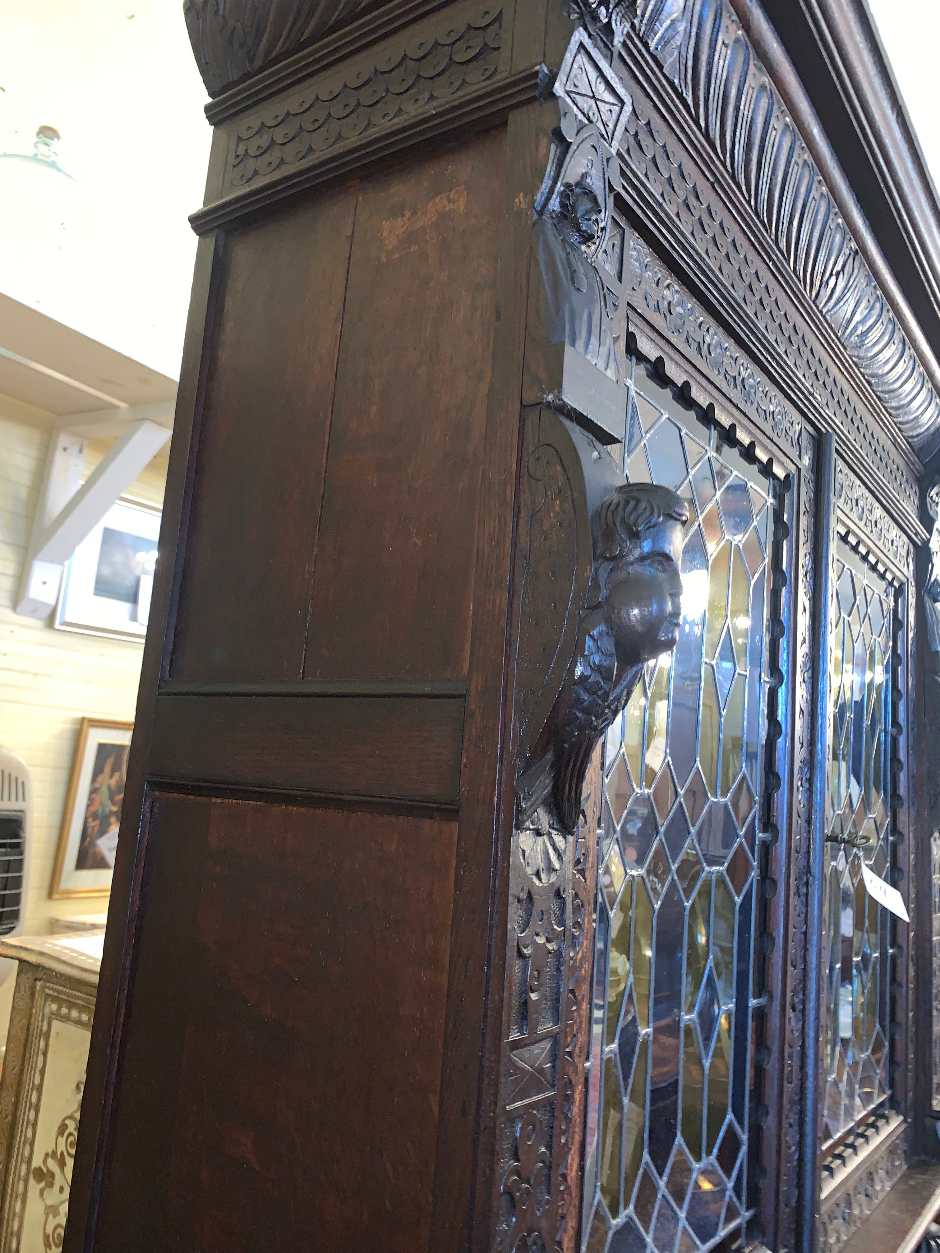 French Renaissance Dark Oak Gothic Stained Glass Door Double Buffet  c.1900