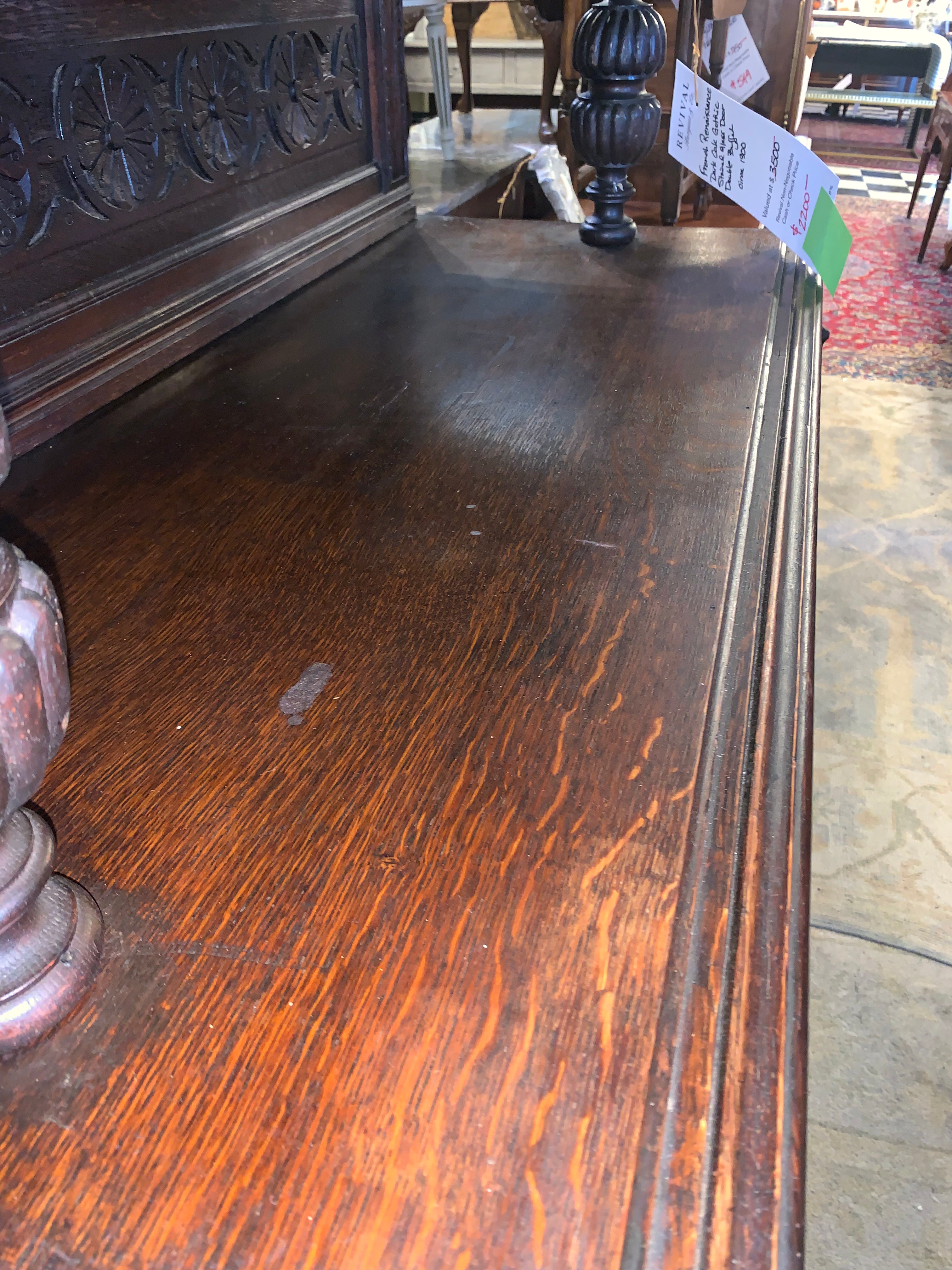 French Renaissance Dark Oak Gothic Stained Glass Door Double Buffet  c.1900