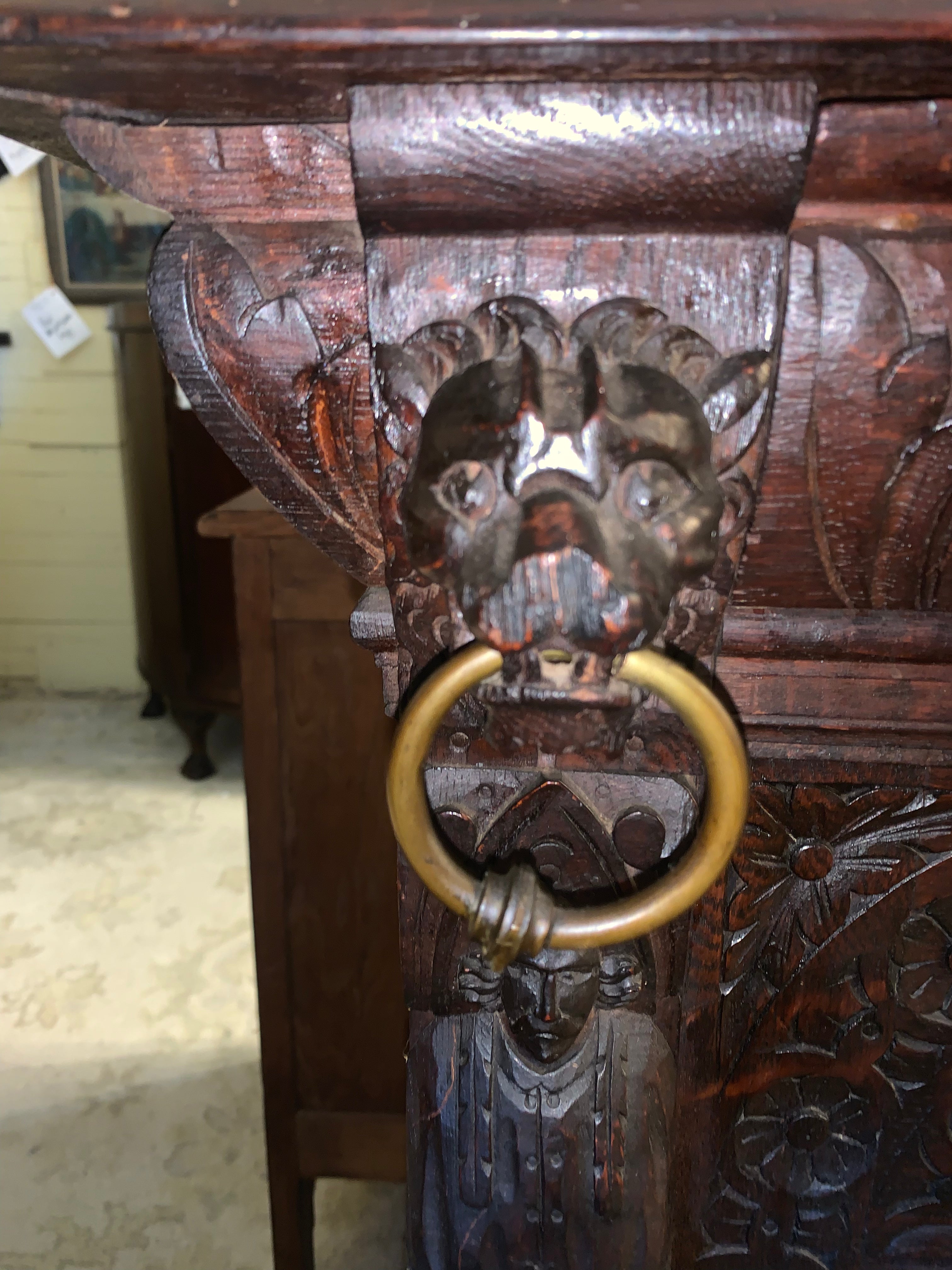 French Renaissance Dark Oak Gothic Stained Glass Door Double Buffet  c.1900