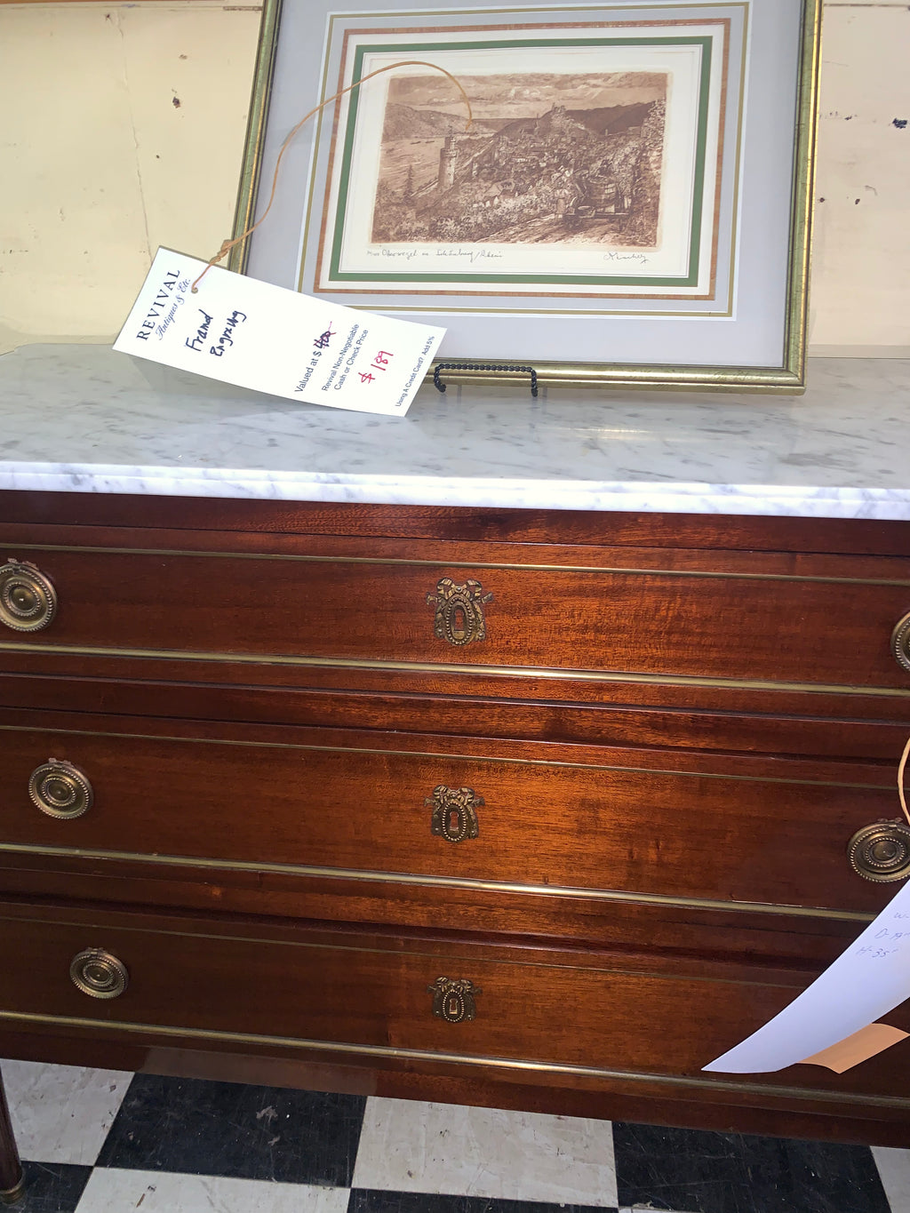 French Louis XVI White Marble Top Chest in Mahogany  c.1930s