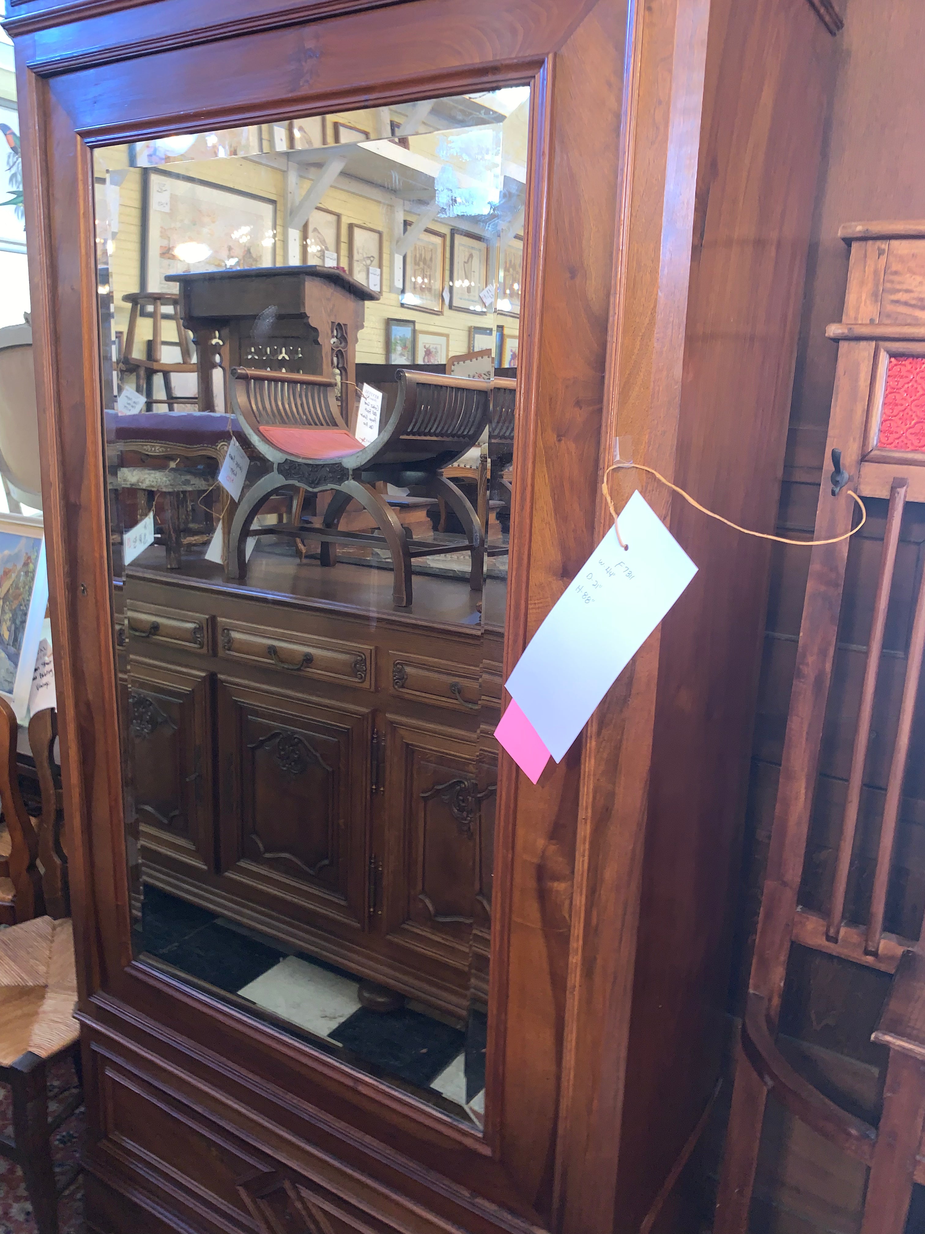 Carved Walnut Single Mirror Door French Armiore  c.1900