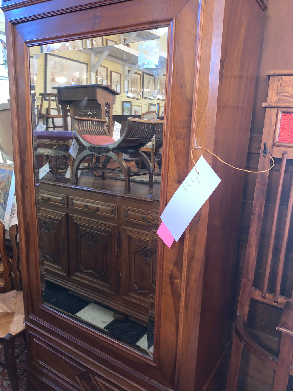Carved Walnut Single Mirror Door French Armiore  c.1900