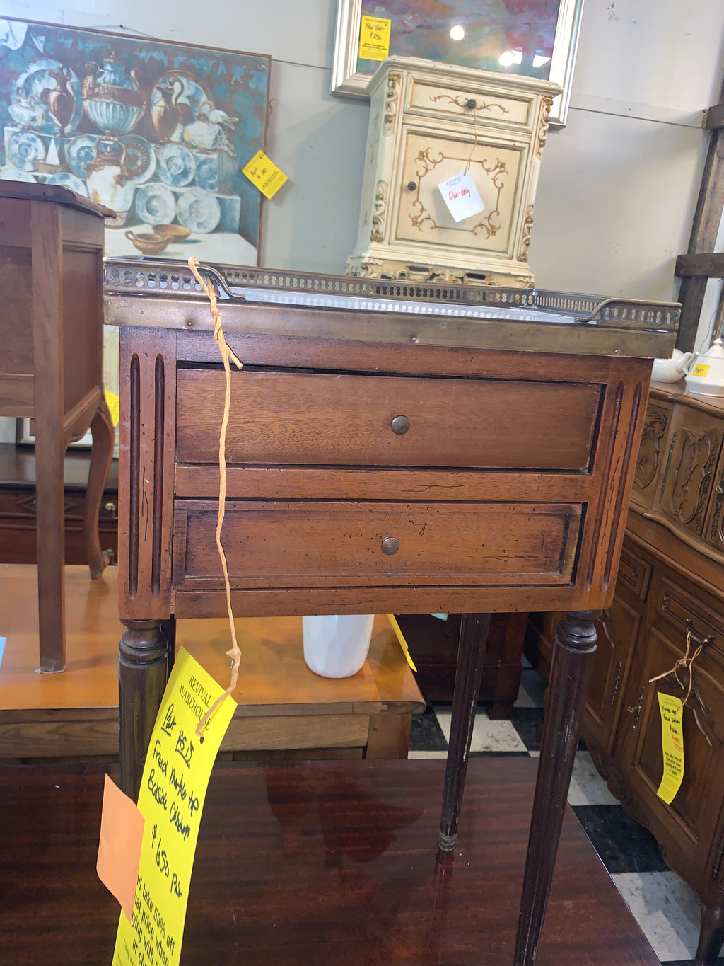 AS IS Pair French Marble Top Bedside Cabinets