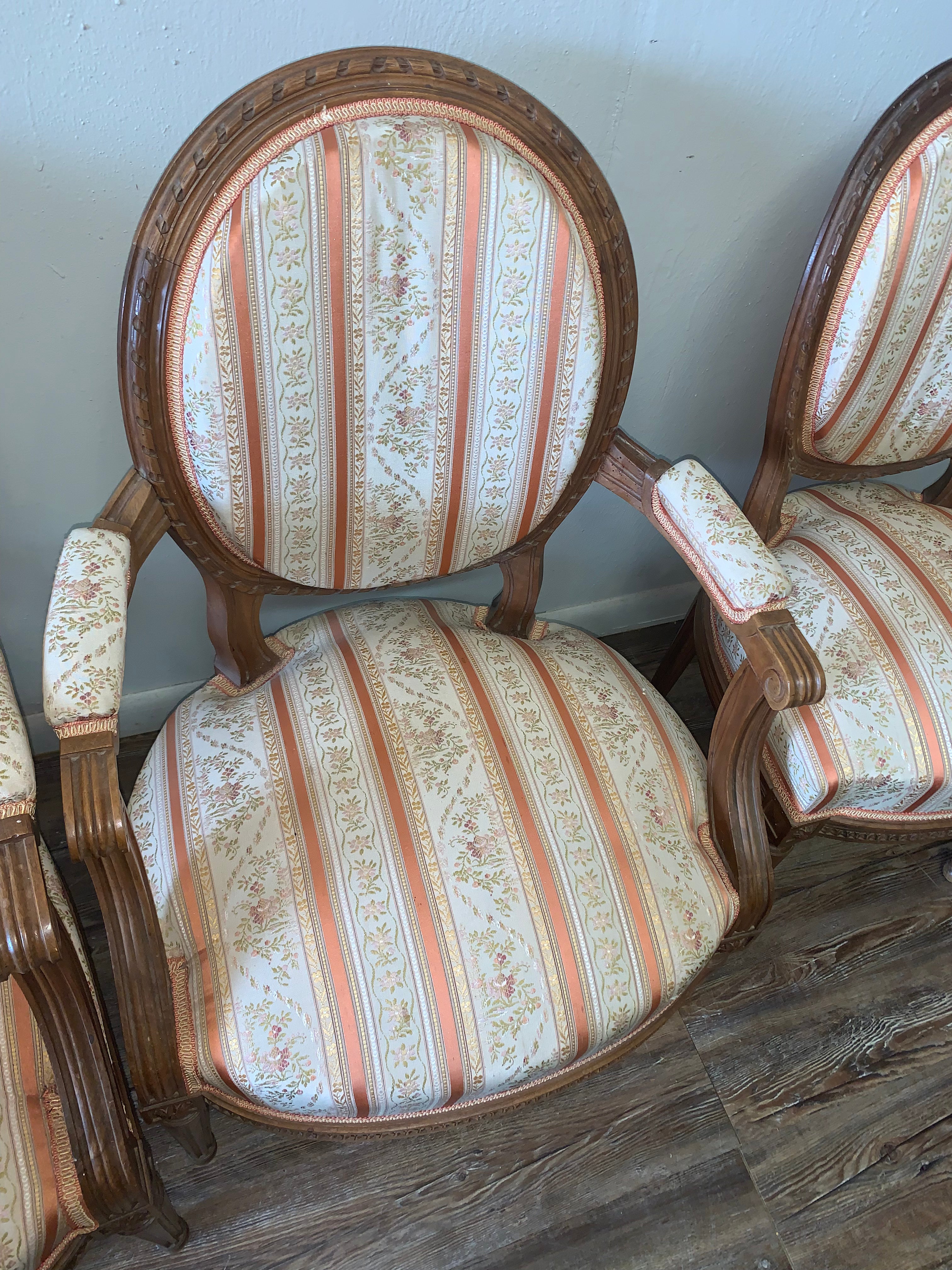Pair French Beech Antique Arm Chairs GREAT TEXTILE
