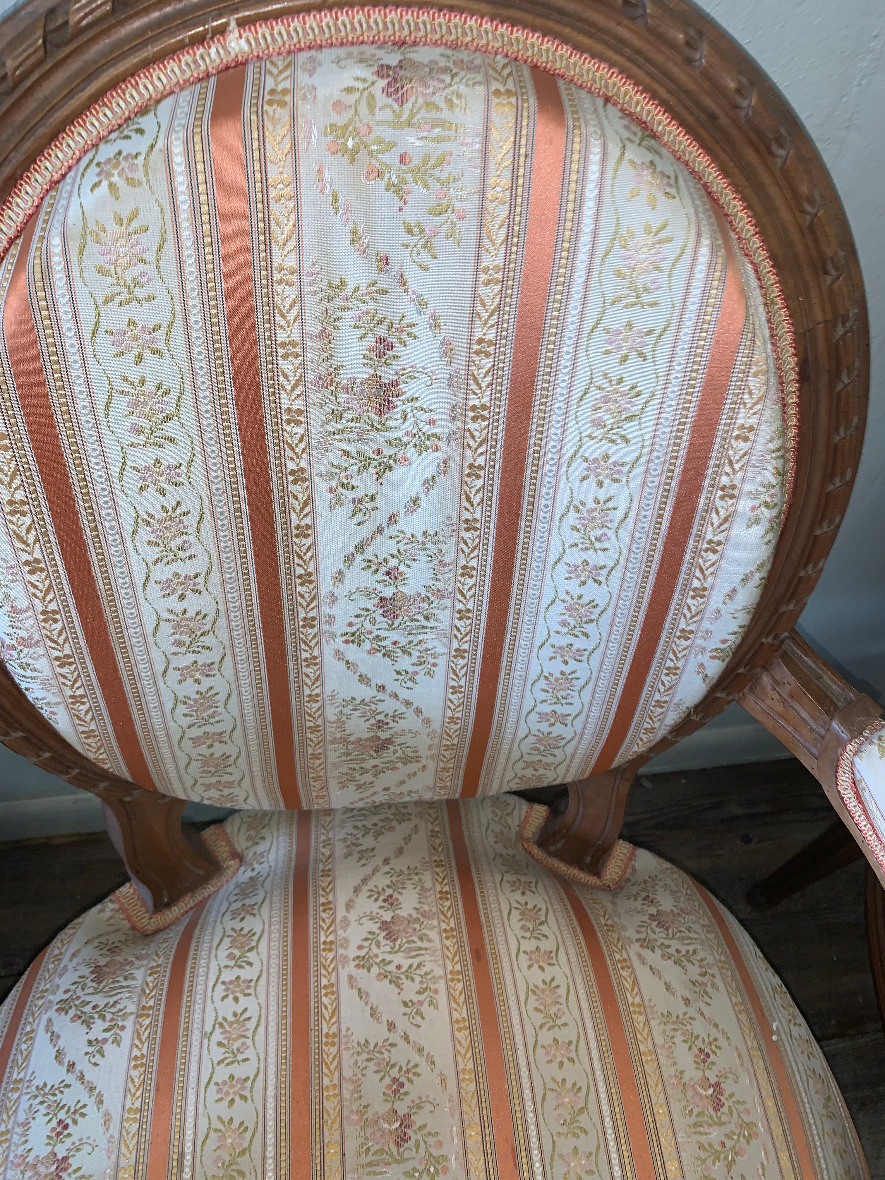 Pair French Beech Antique Arm Chairs GREAT TEXTILE