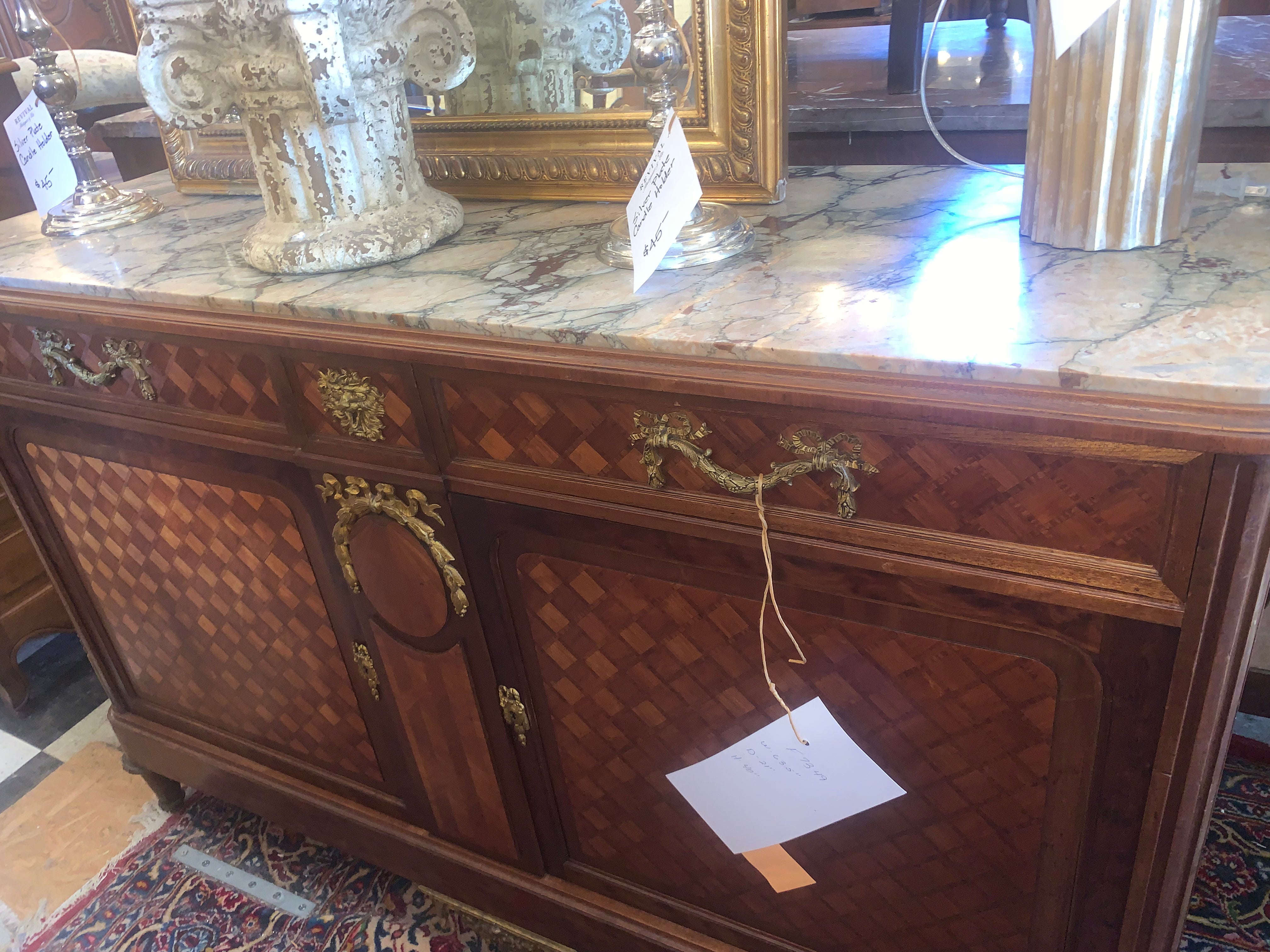 Marquetry Inlaid Ormolu Trimmed Marble Top Hard To Find Medium Size Sideboard c.1920