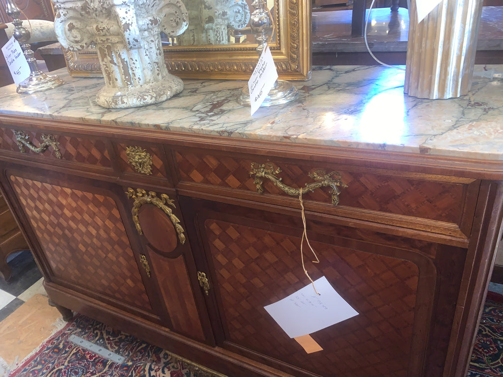 Marquetry Inlaid Ormolu Trimmed Marble Top Hard To Find Medium Size Sideboard c.1920