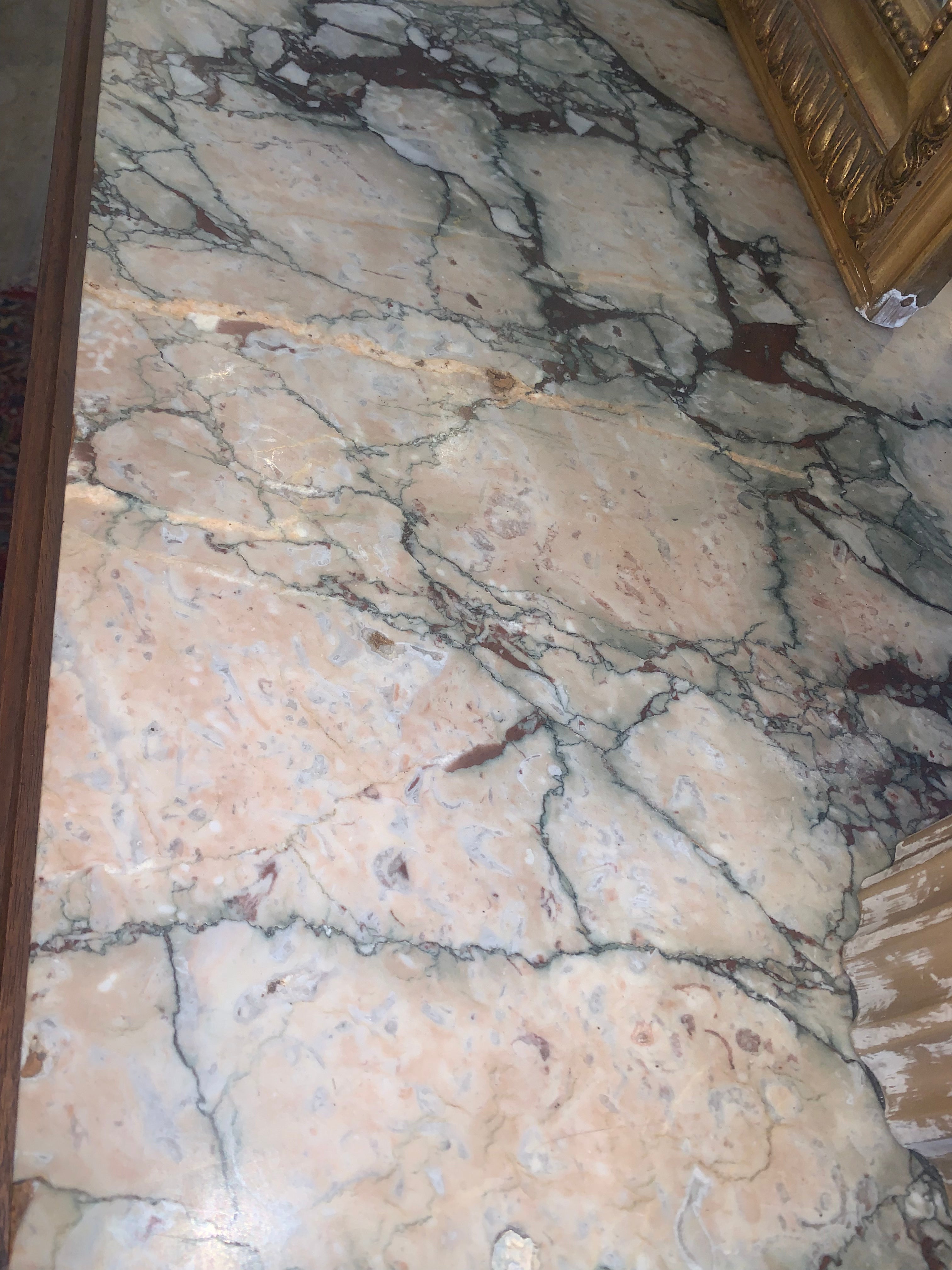 Marquetry Inlaid Ormolu Trimmed Marble Top Hard To Find Medium Size Sideboard c.1920