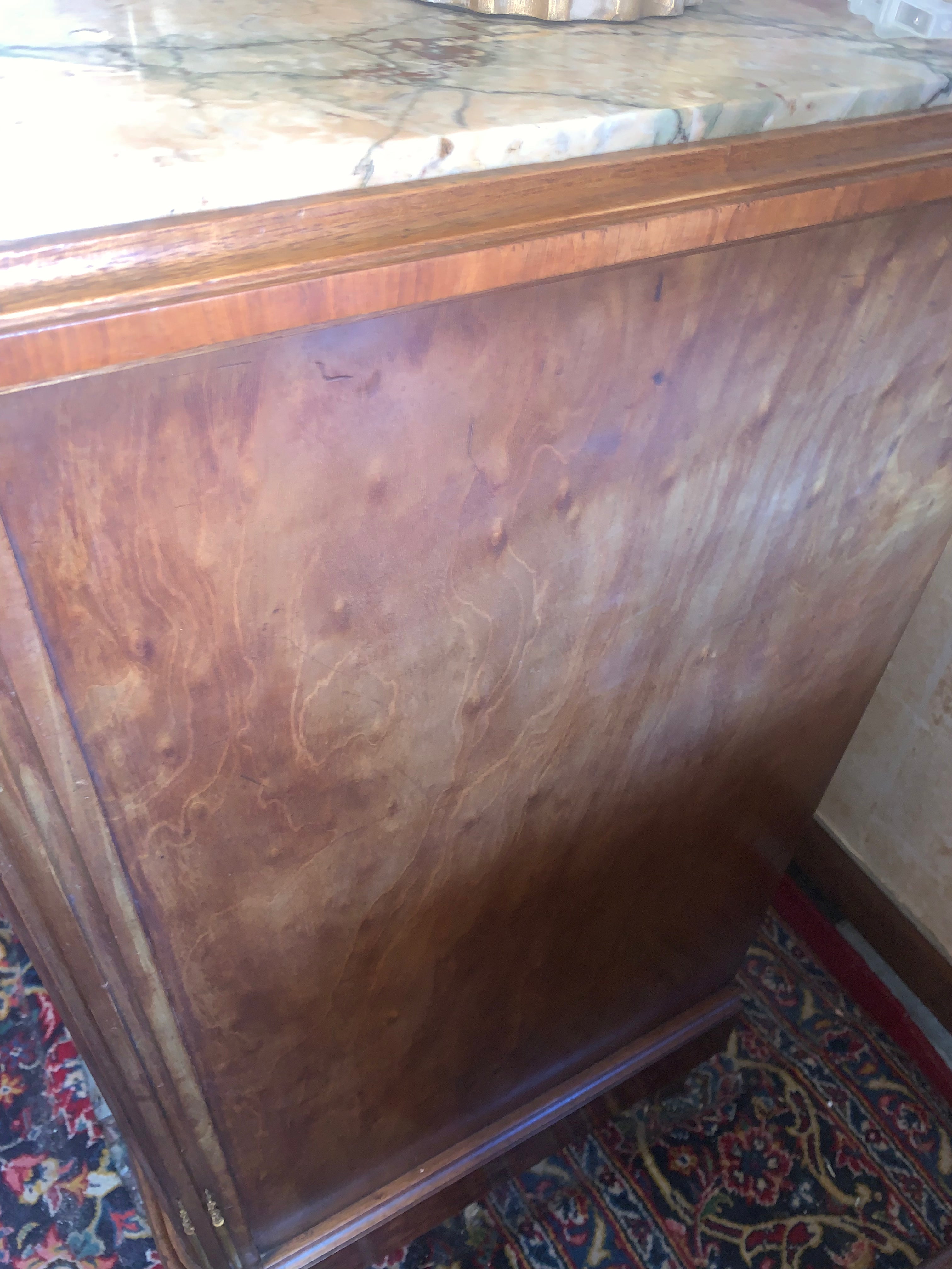 Marquetry Inlaid Ormolu Trimmed Marble Top Hard To Find Medium Size Sideboard c.1920