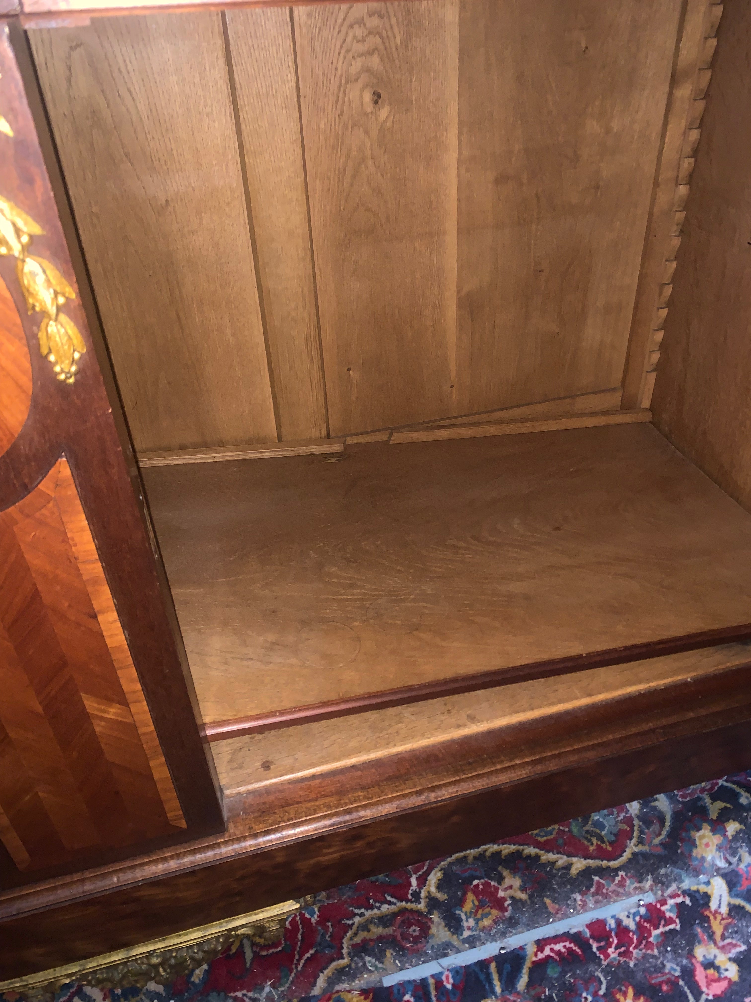 Marquetry Inlaid Ormolu Trimmed Marble Top Hard To Find Medium Size Sideboard c.1920