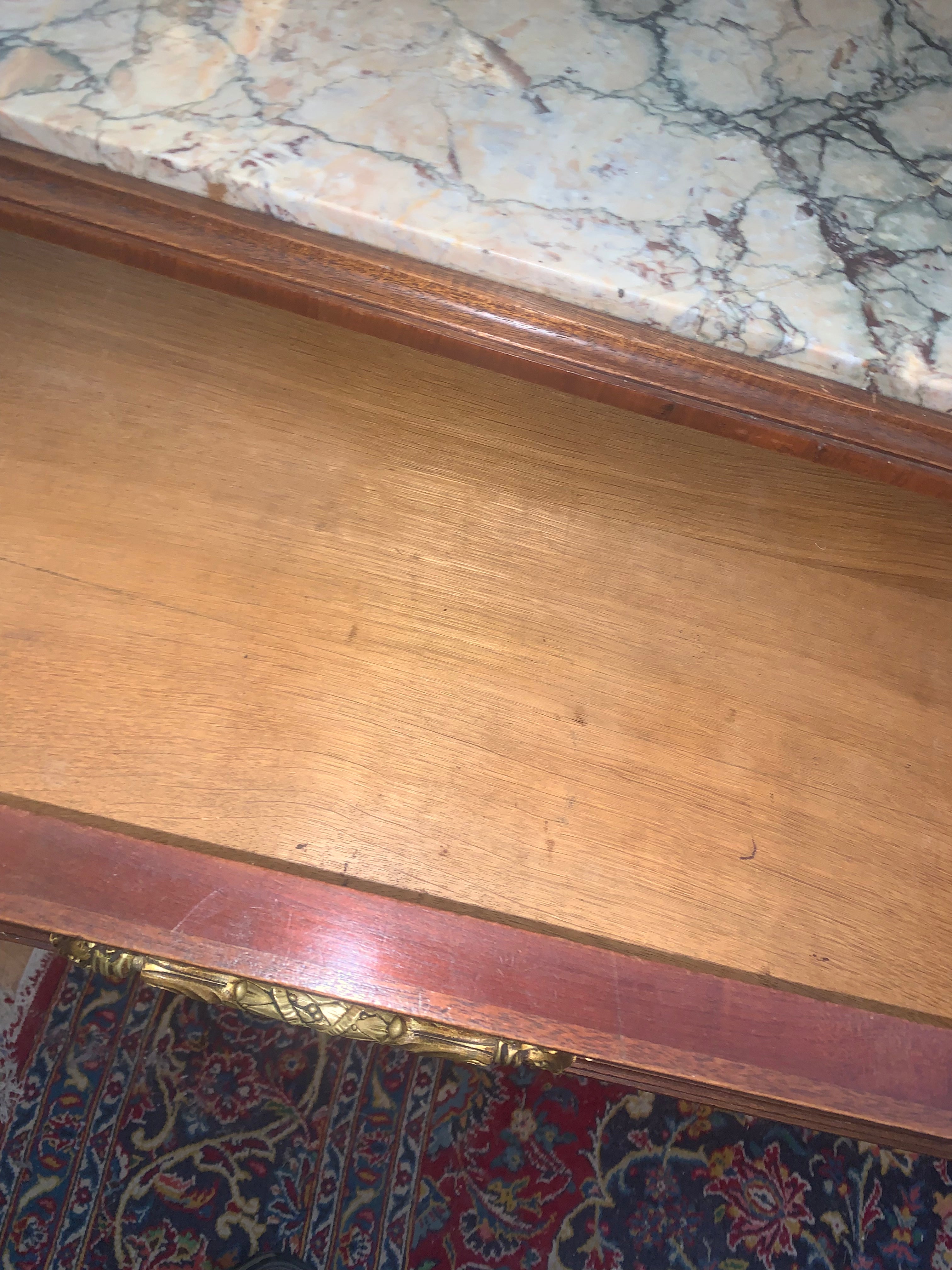 Marquetry Inlaid Ormolu Trimmed Marble Top Hard To Find Medium Size Sideboard c.1920