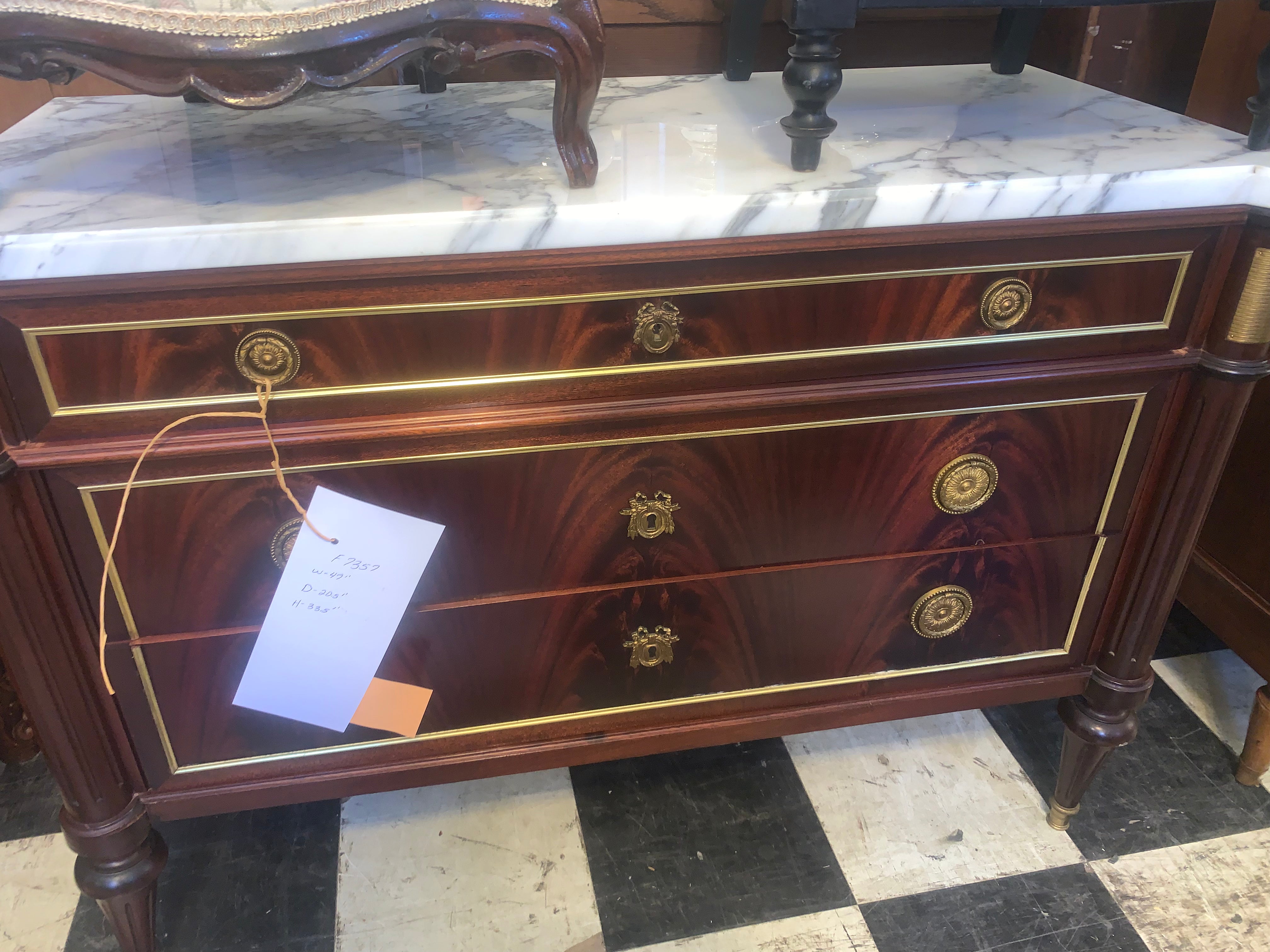 Gilt Ormolu Trimmed Louis XVI Marble Top Mahogany Chest  c.1920s