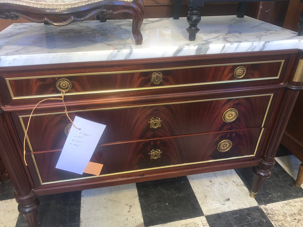 Gilt Ormolu Trimmed Louis XVI Marble Top Mahogany Chest  c.1920s